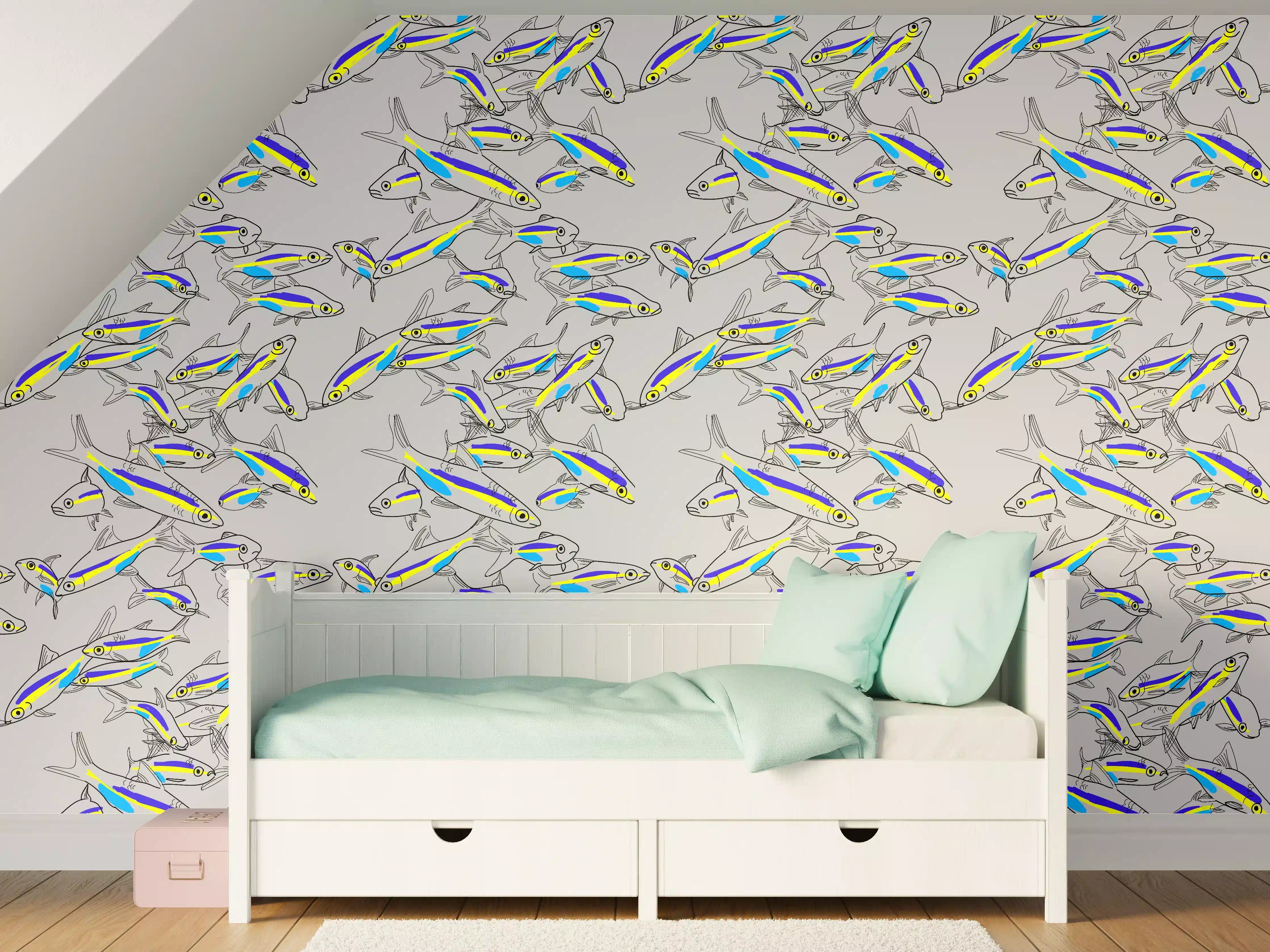 Kinderzimmer Wandgestaltung - Neon-Fischmuster Türkis Gelb
