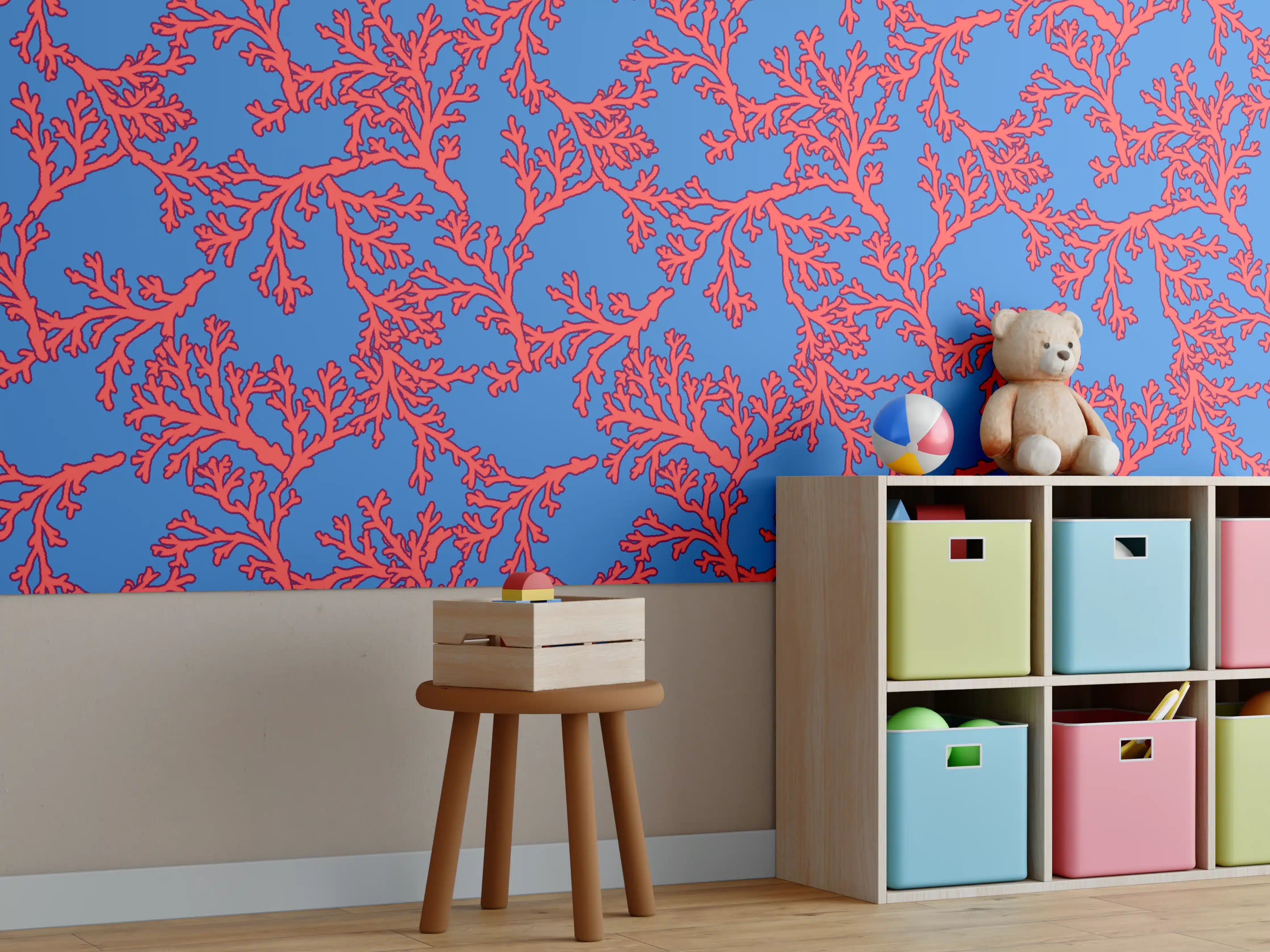 Kinderzimmer Wandgestaltung - Neon-Korallen Blau-Rot