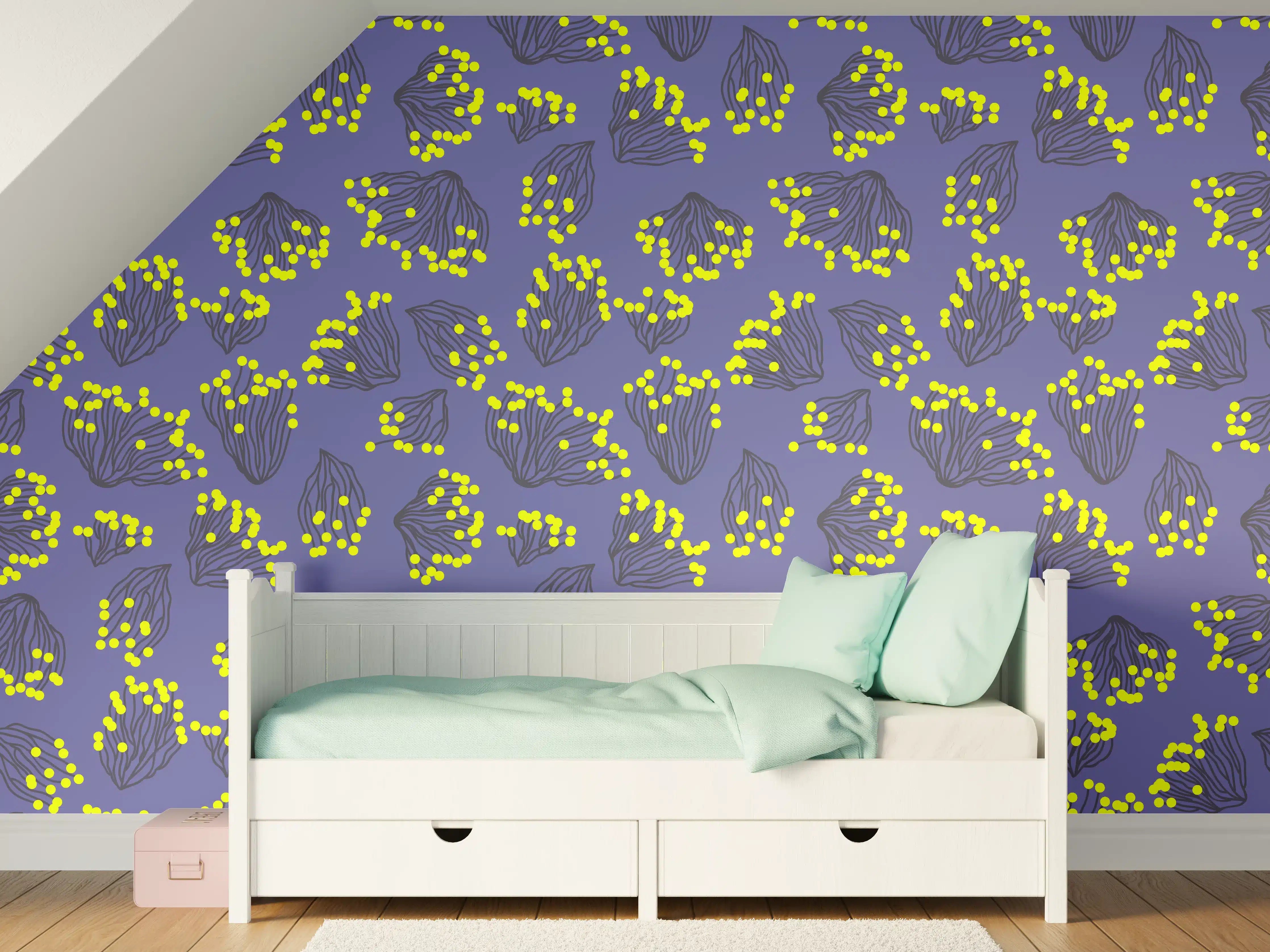 Kinderzimmer Wandgestaltung - Neon-Korallen Lila-Gelb Muster