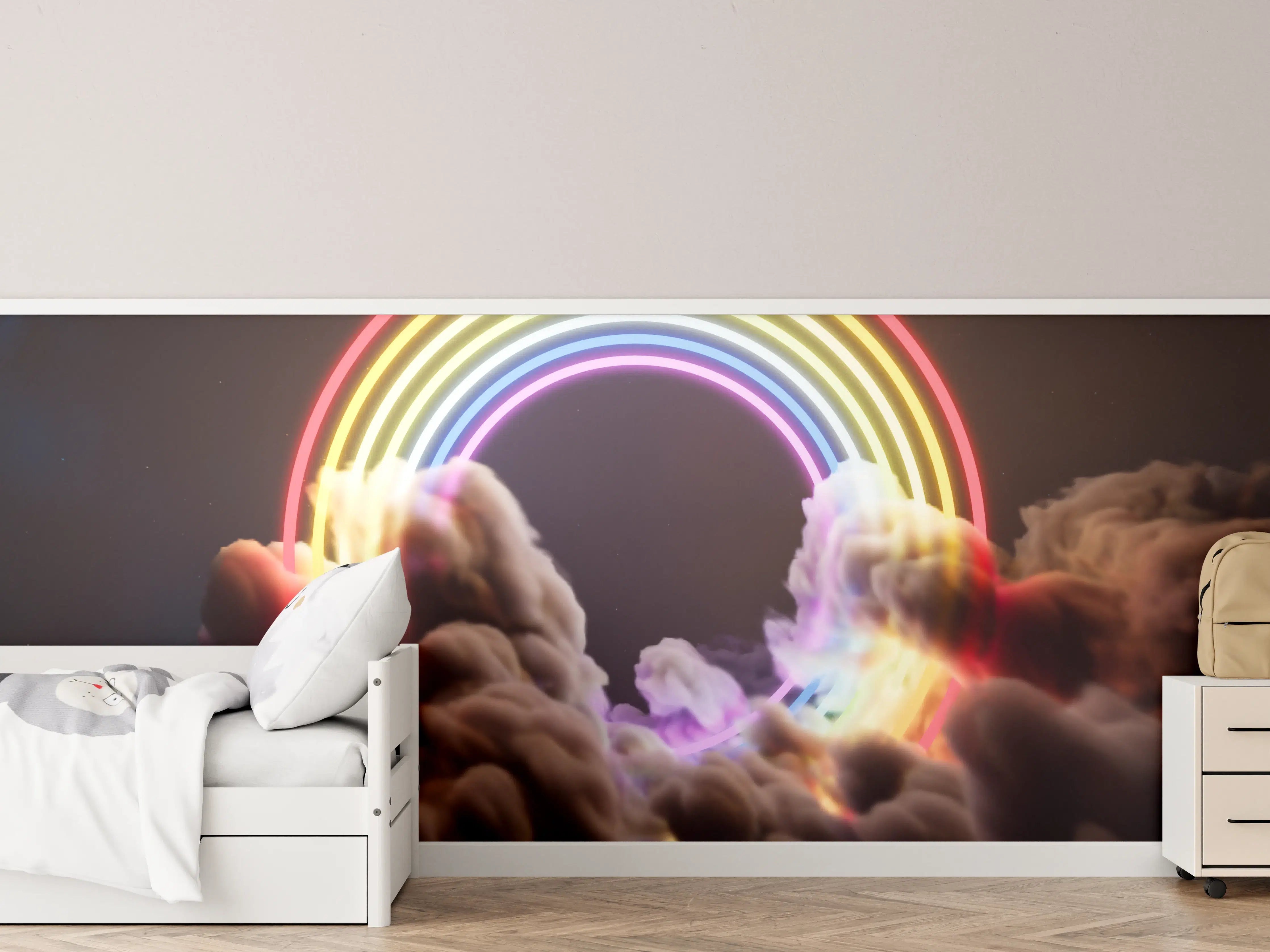 Kinderzimmer Wandgestaltung - Neon-Regenbogen in Wolken