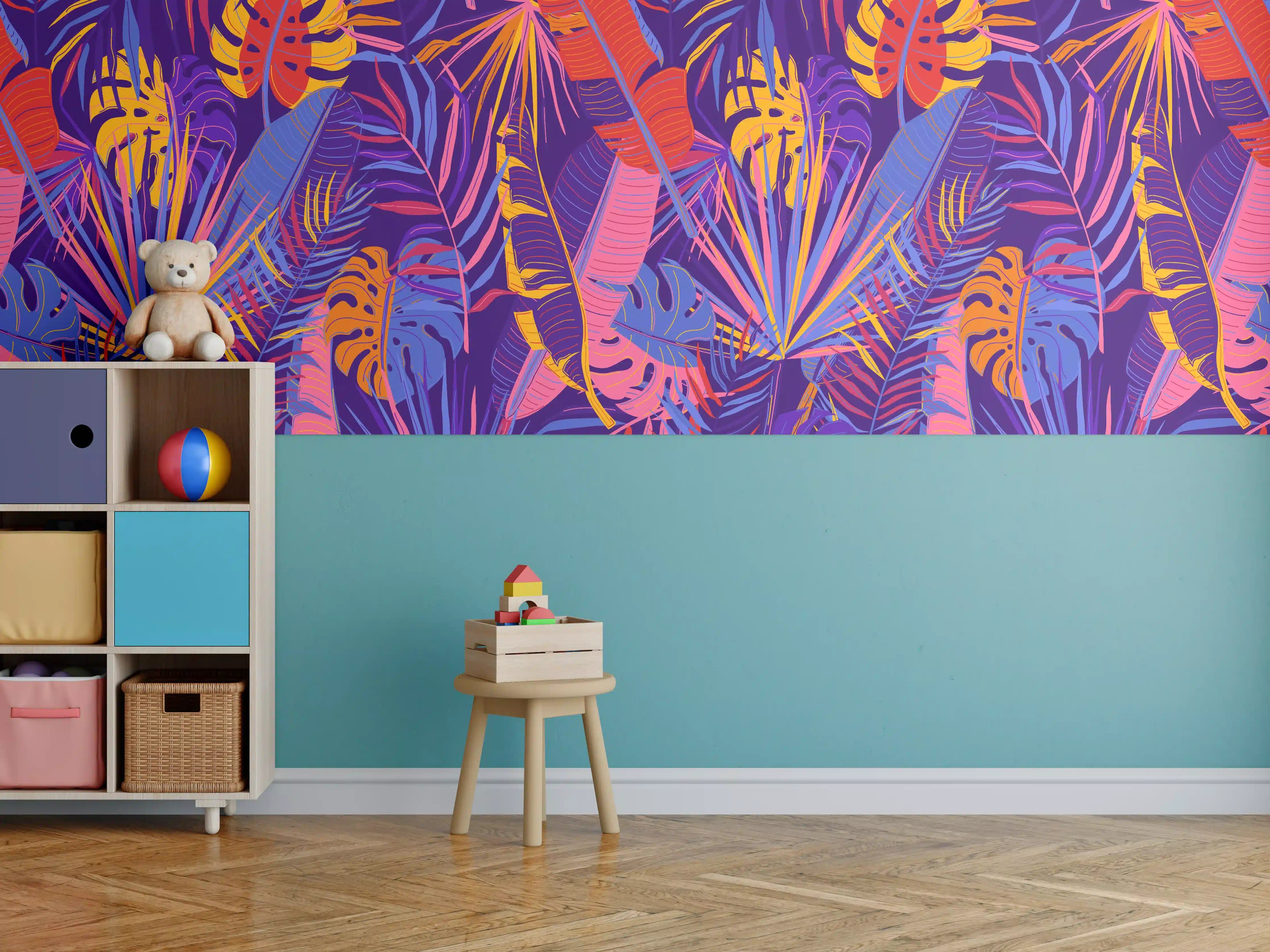 Kinderzimmer Wandgestaltung - Neon Tropenblätter Muster