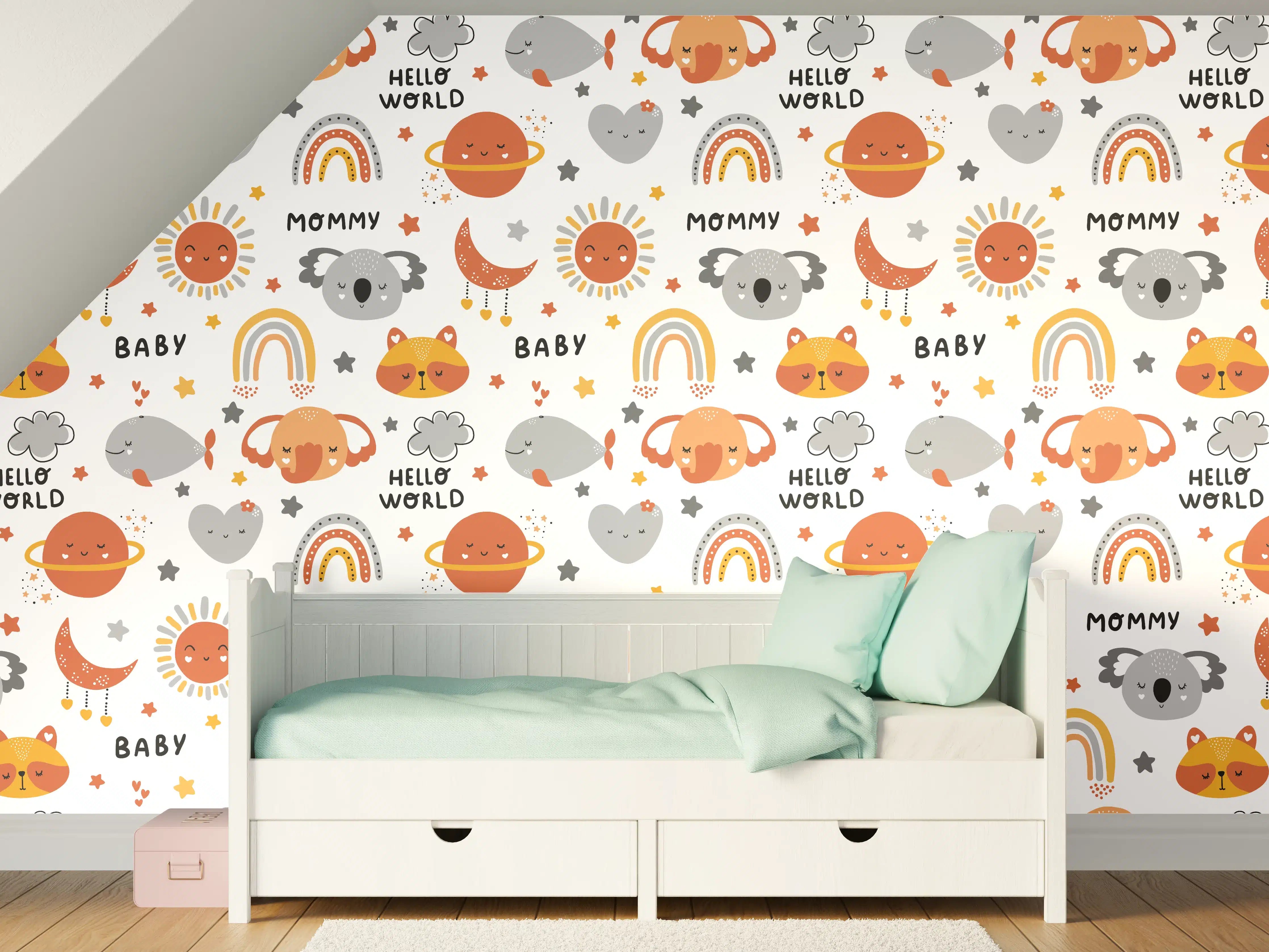 Kinderzimmer Wandgestaltung - Niedliche Tier- und Regenbögen-Muster in warmen Farben