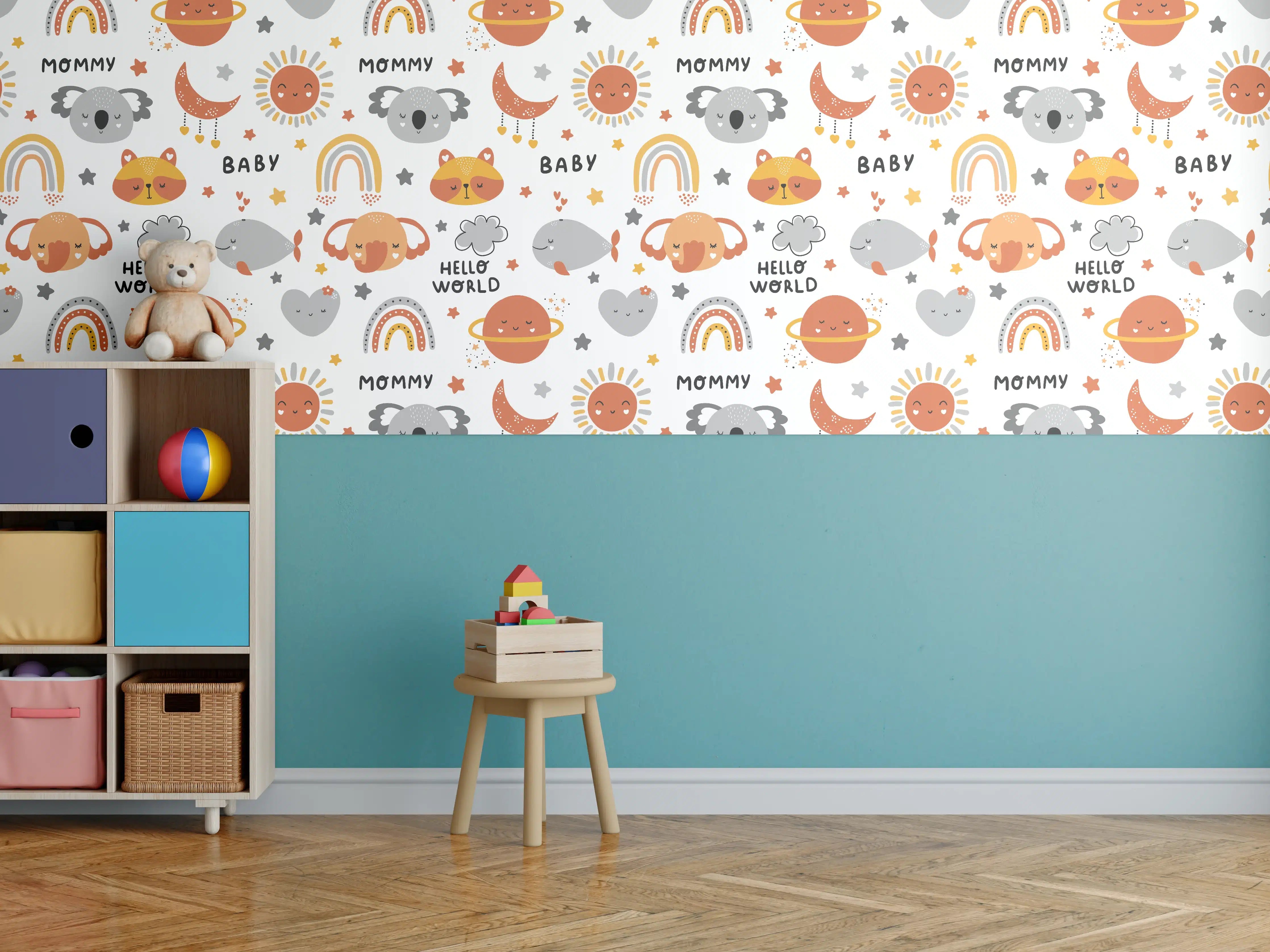 Kinderzimmer Wandgestaltung - Niedliche Tier- und Regenbögen-Muster in warmen Farben