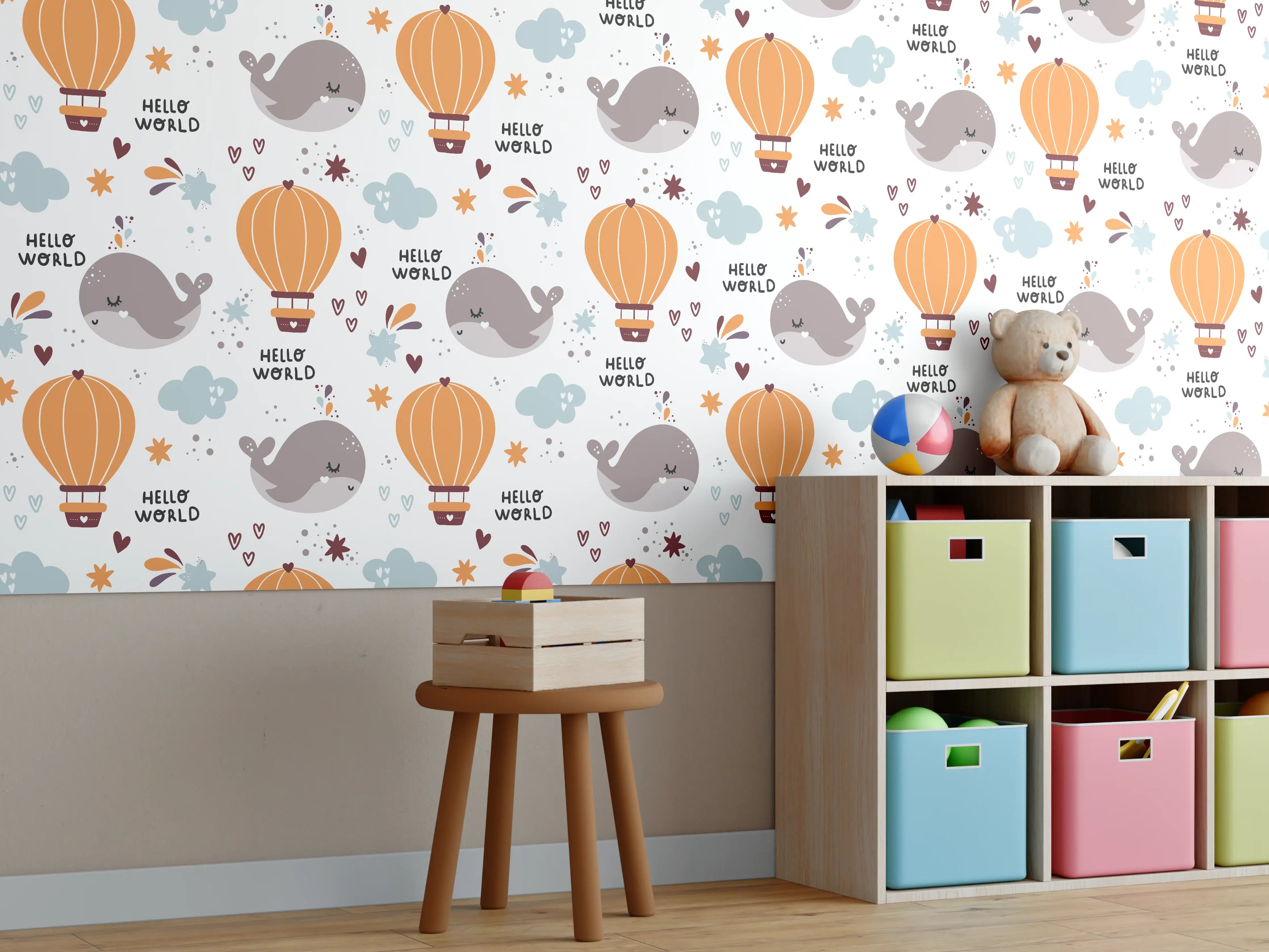 Kinderzimmer Wandgestaltung - Niedlicher Baby-Wal-Karikatur mit Heißluftballons