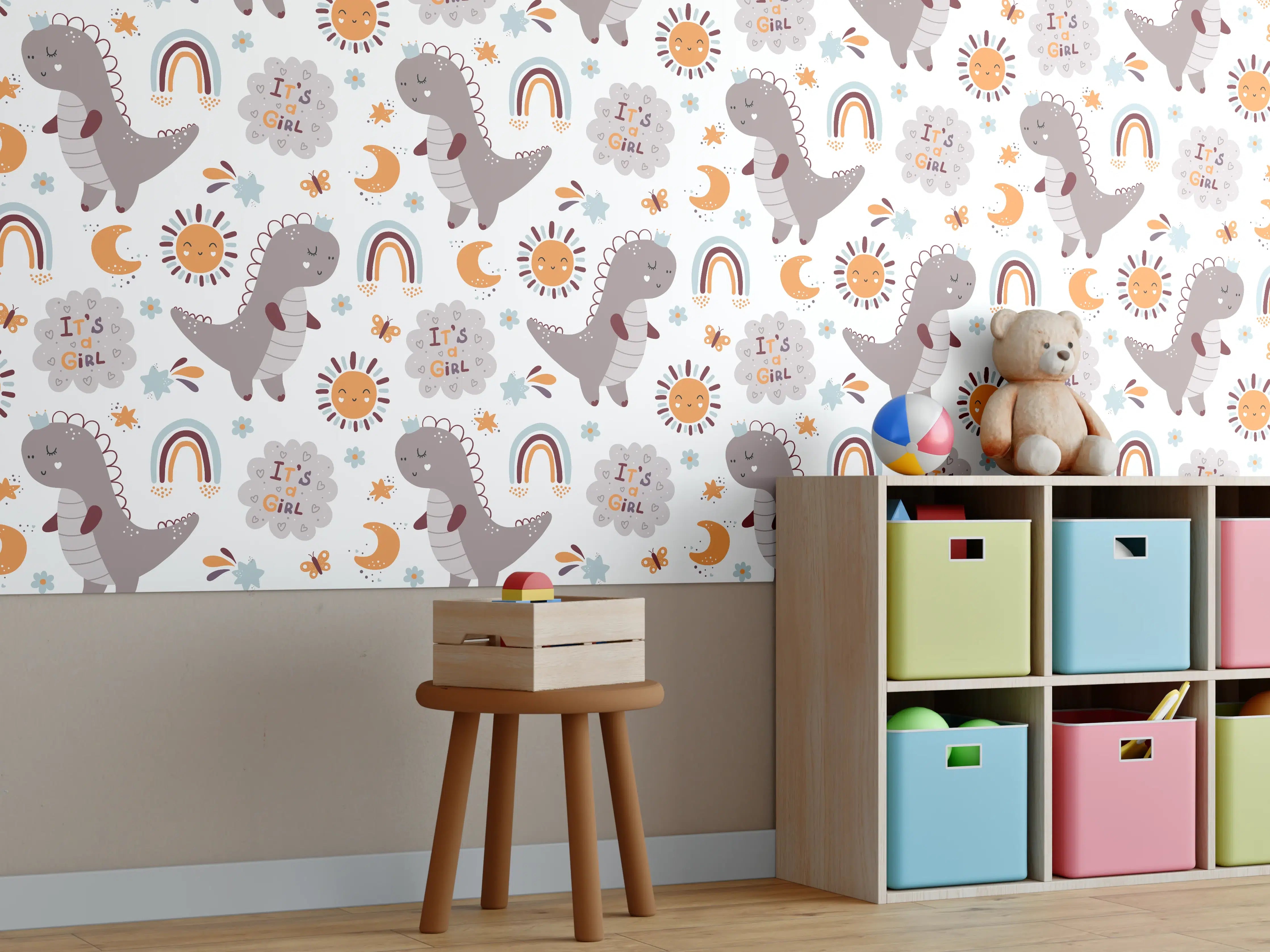 Kinderzimmer Wandgestaltung - Niedliches Dinosaurier-Motiv mit Regenbögen