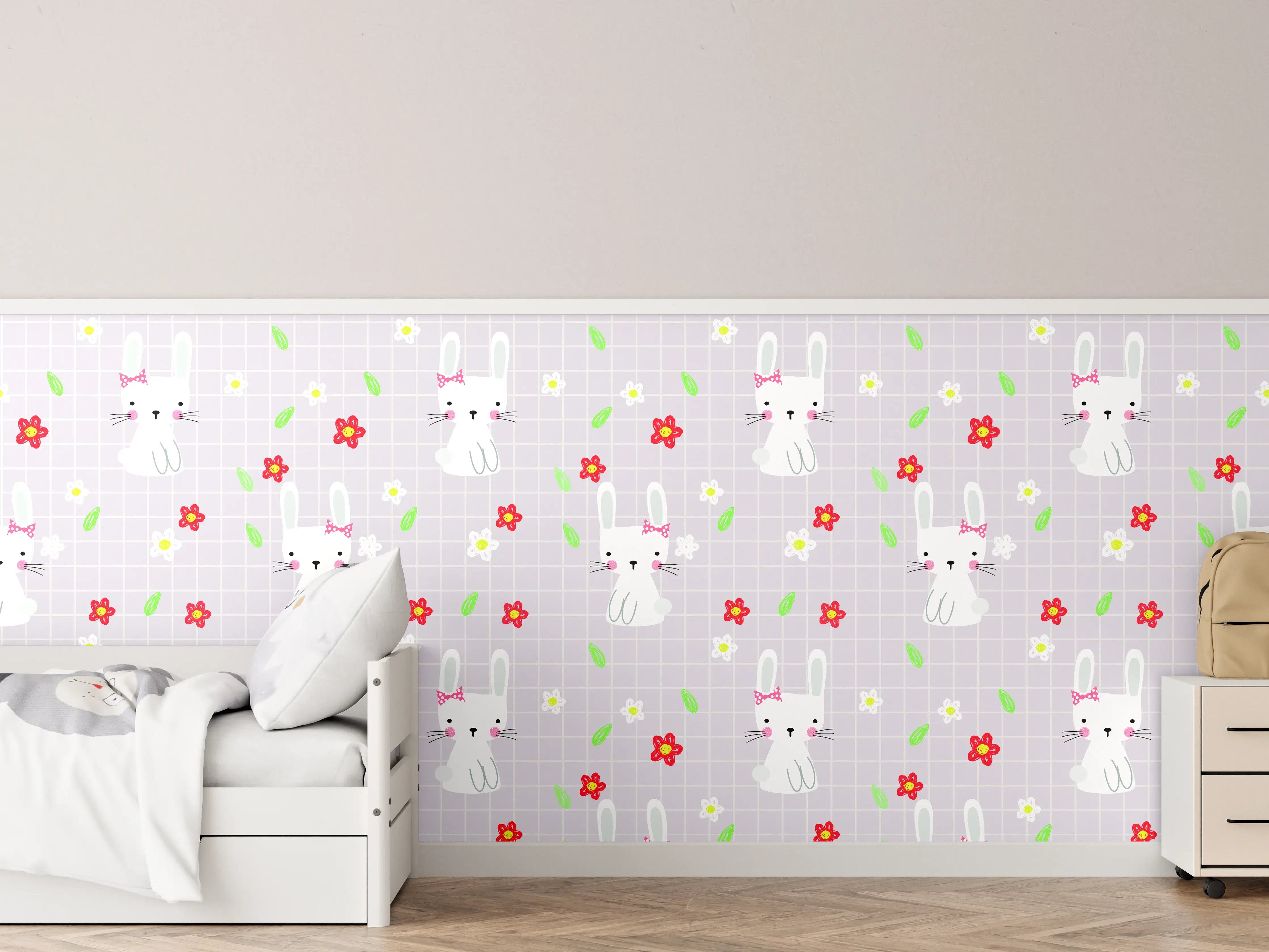 Kinderzimmer Wandgestaltung - Niedliches Häschen-Motiv mit Blumen und Blättern