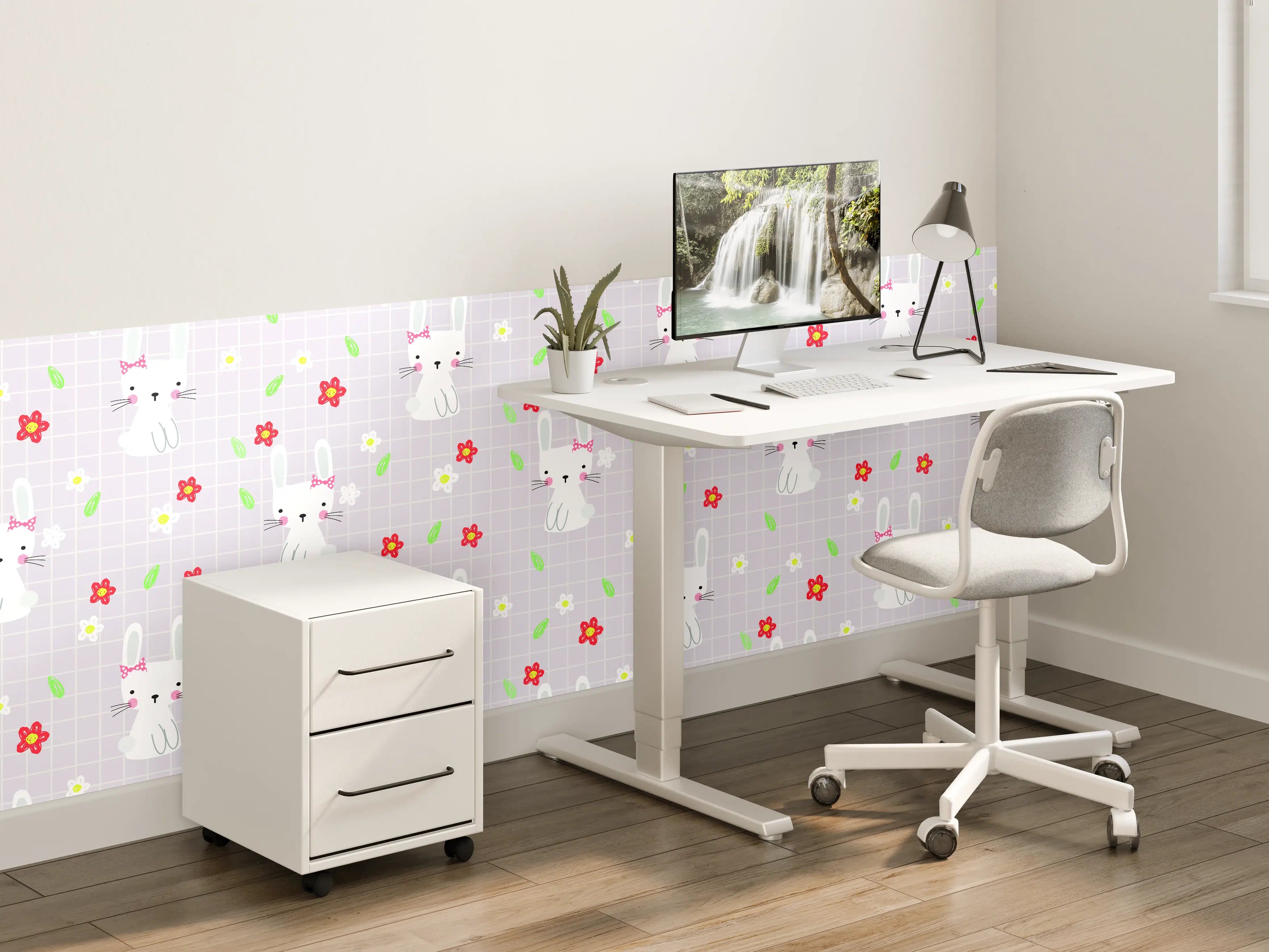 Kinderzimmer Wandgestaltung - Niedliches Häschen-Motiv mit Blumen und Blättern
