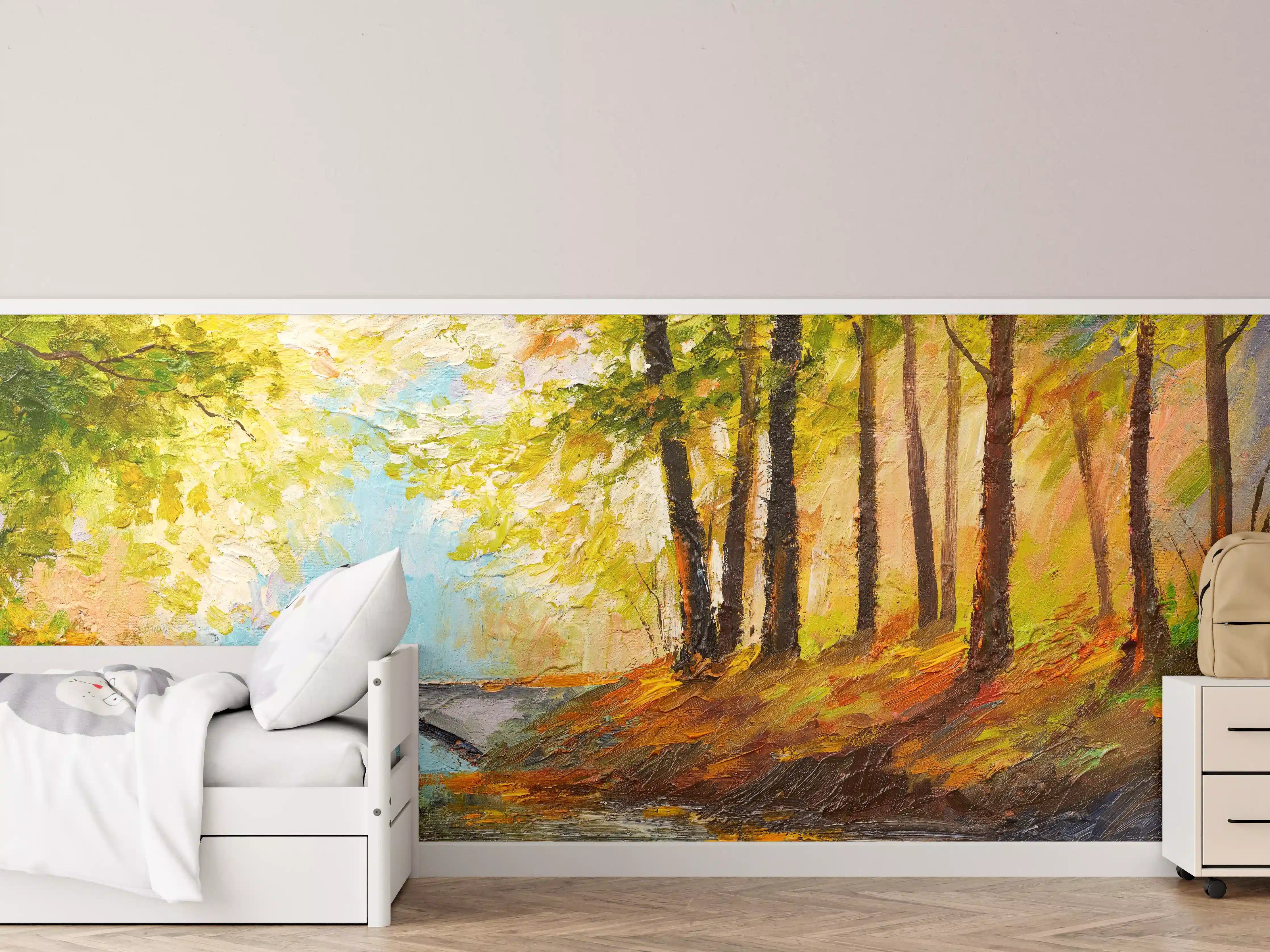 Kinderzimmer Wandgestaltung - Ölgemälde Herbst Wald mit Fluss