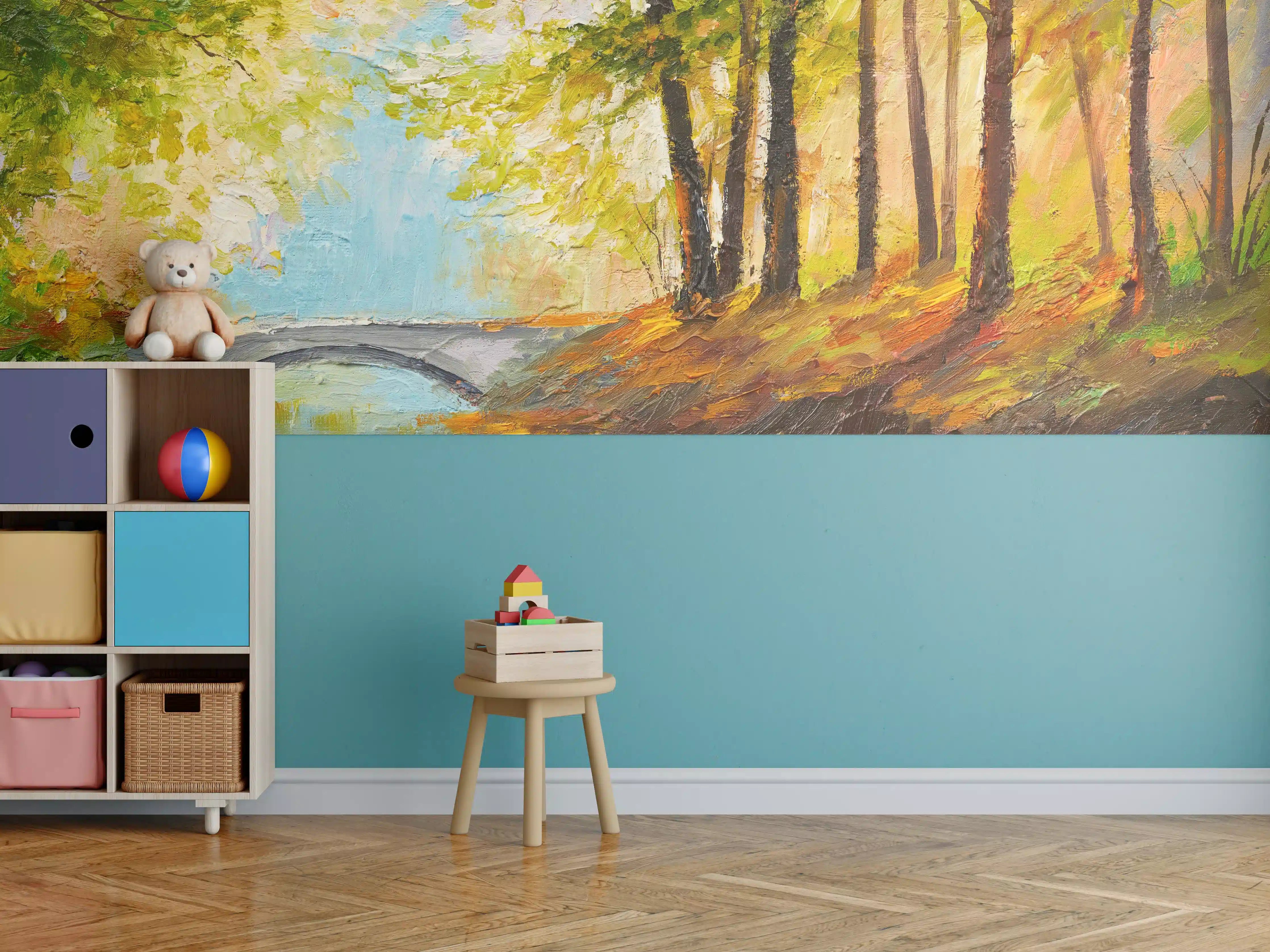 Kinderzimmer Wandgestaltung - Ölgemälde Herbst Wald mit Fluss