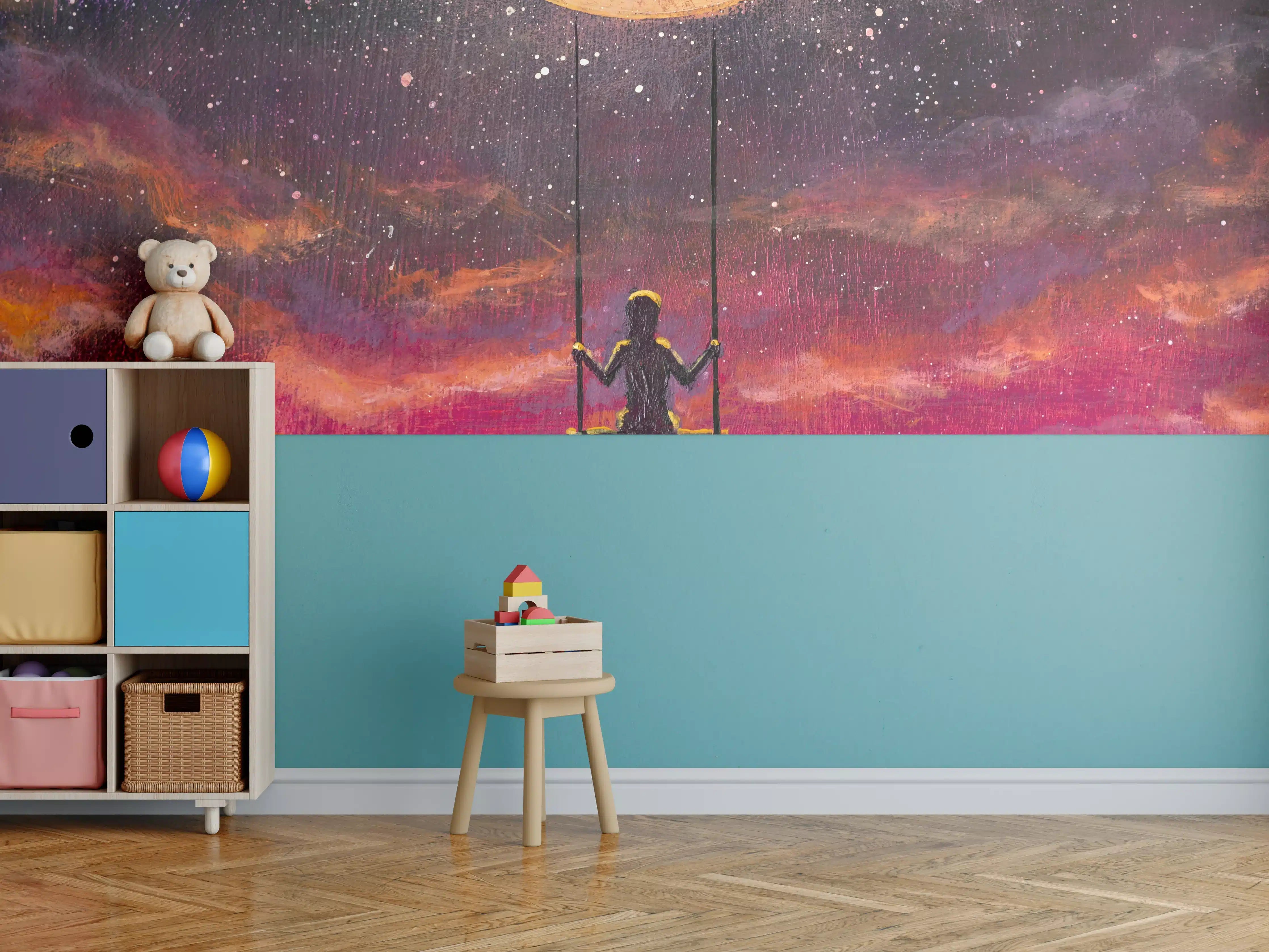 Kinderzimmer Wandgestaltung - Ölgemälde Mädchen schaukelnd auf Mond