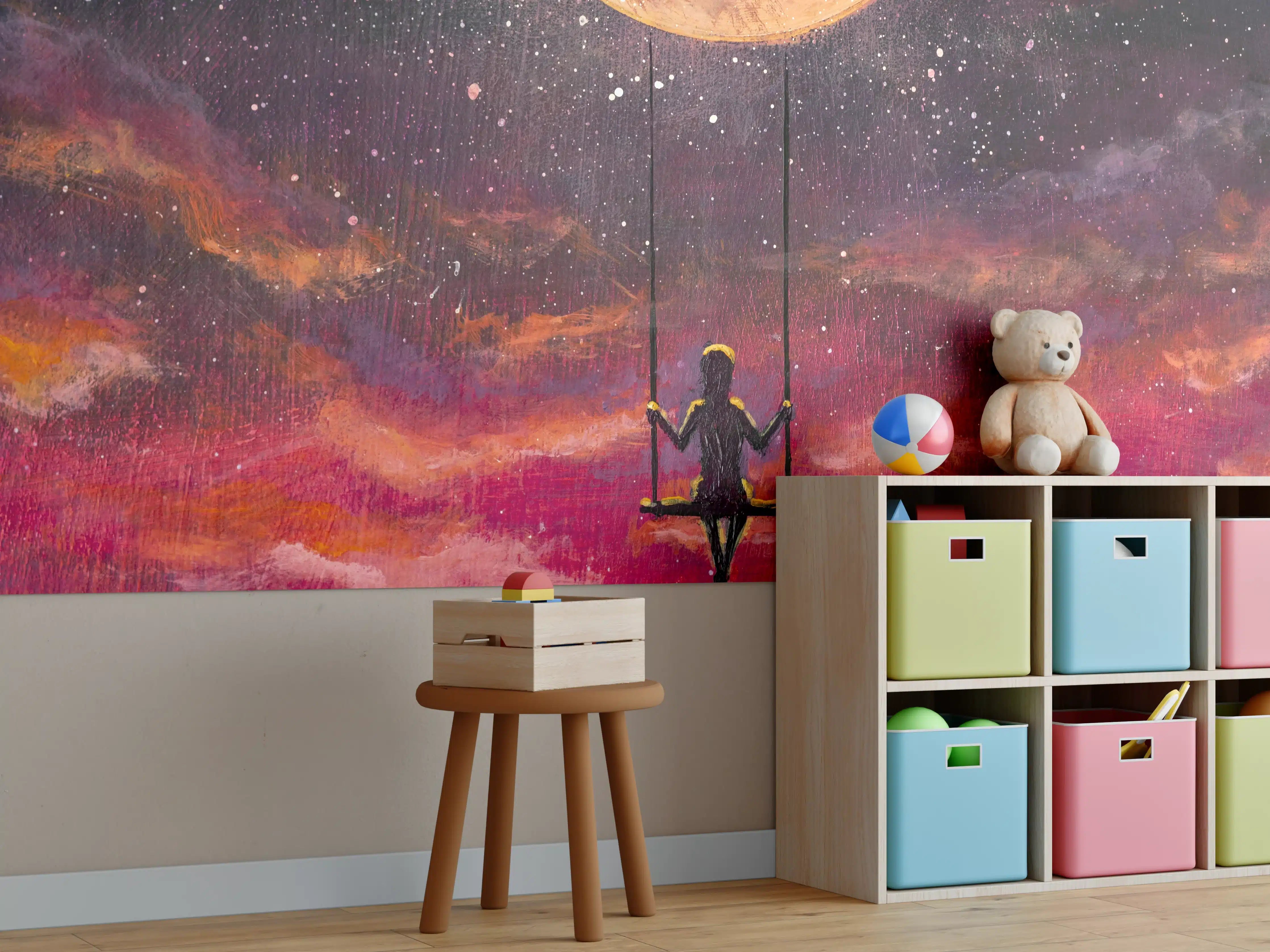 Kinderzimmer Wandgestaltung - Ölgemälde Mädchen schaukelnd auf Mond
