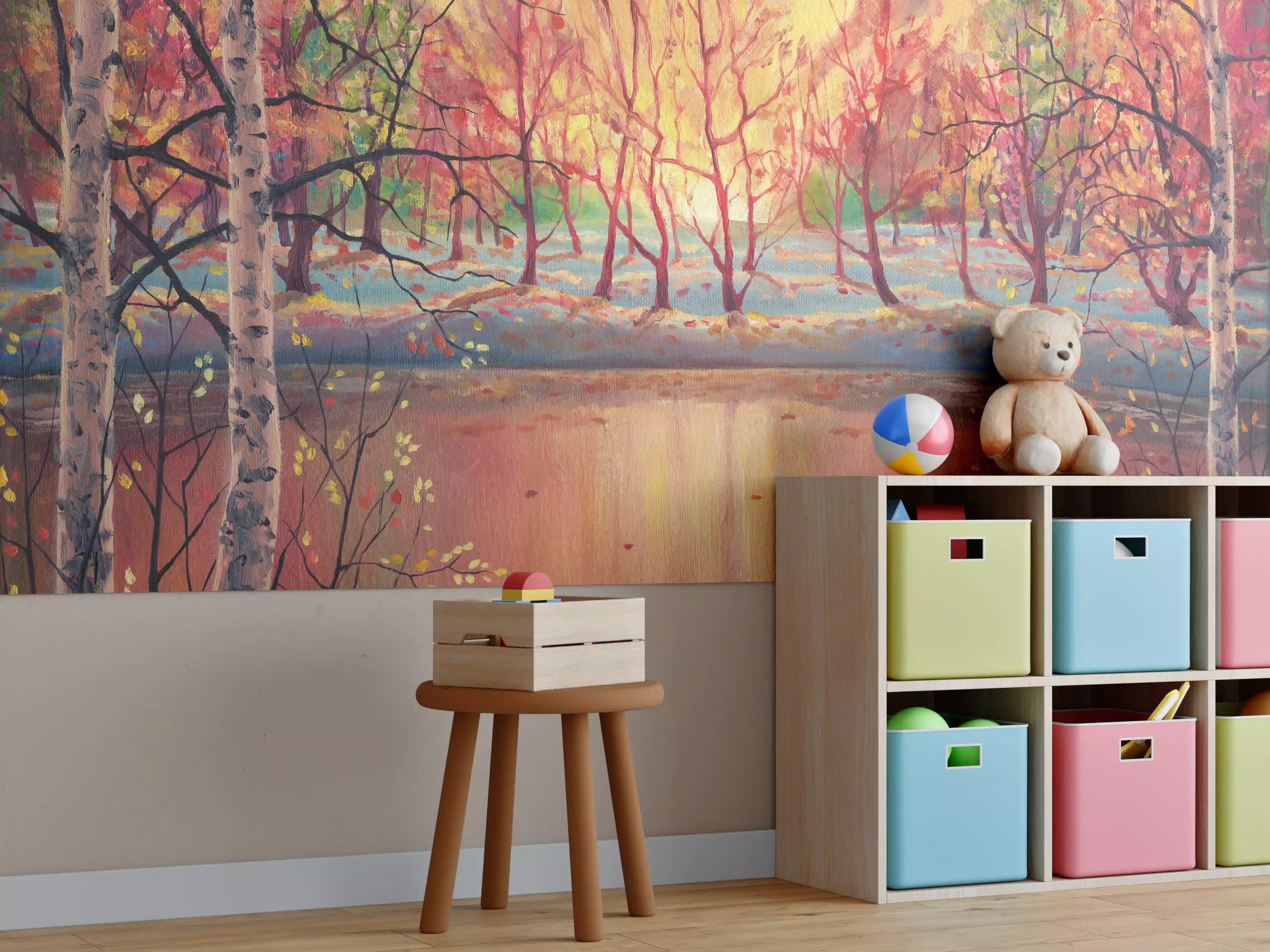 Kinderzimmer Wandgestaltung - Ölgemälde Sonnenuntergang Herbstlandschaft
