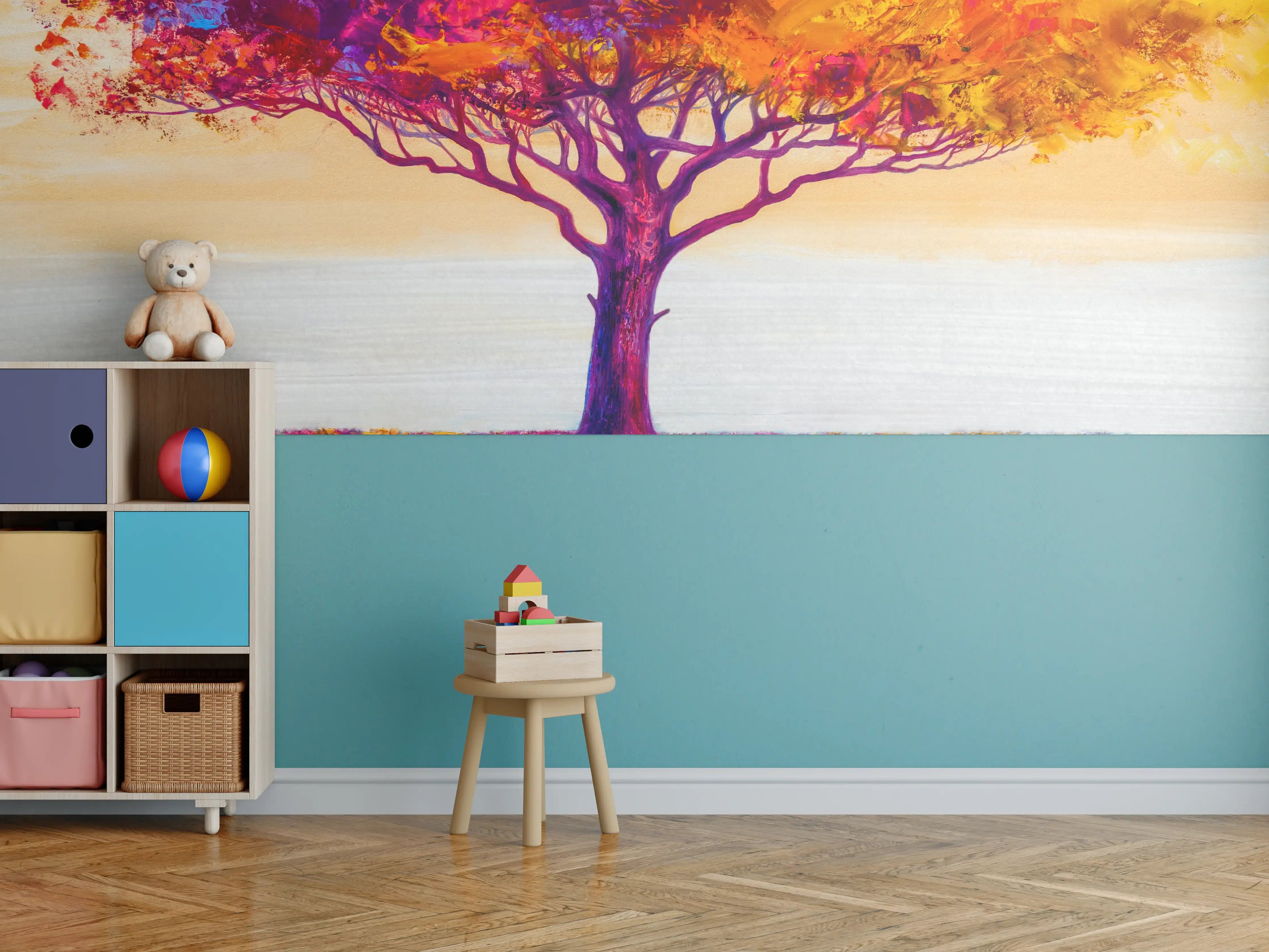 Kinderzimmer Wandgestaltung - Ölgemälde eines bunten Herbstbaumes