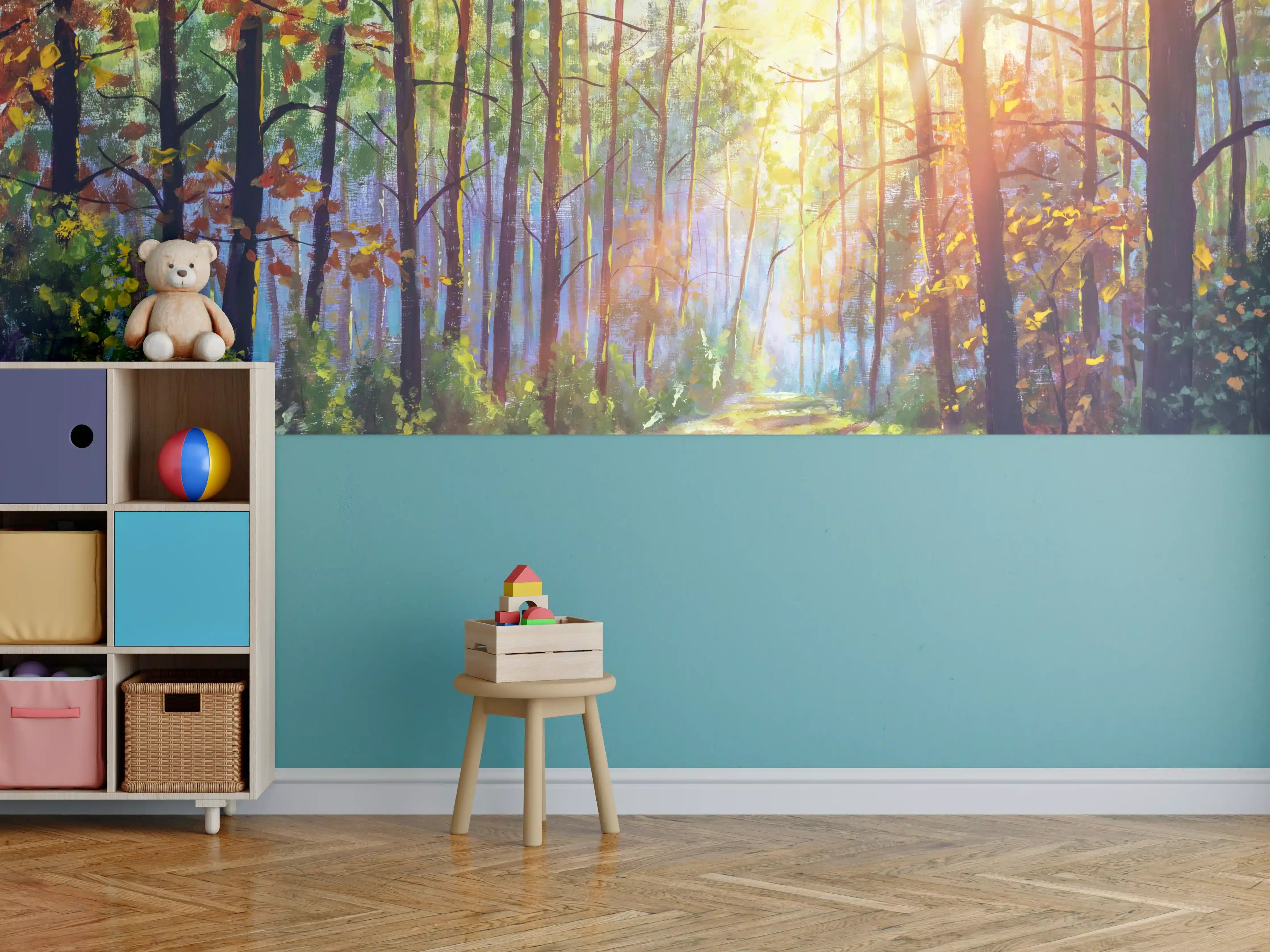 Kinderzimmer Wandgestaltung - Ölgemälde lichterfüllter Wald im Herbst