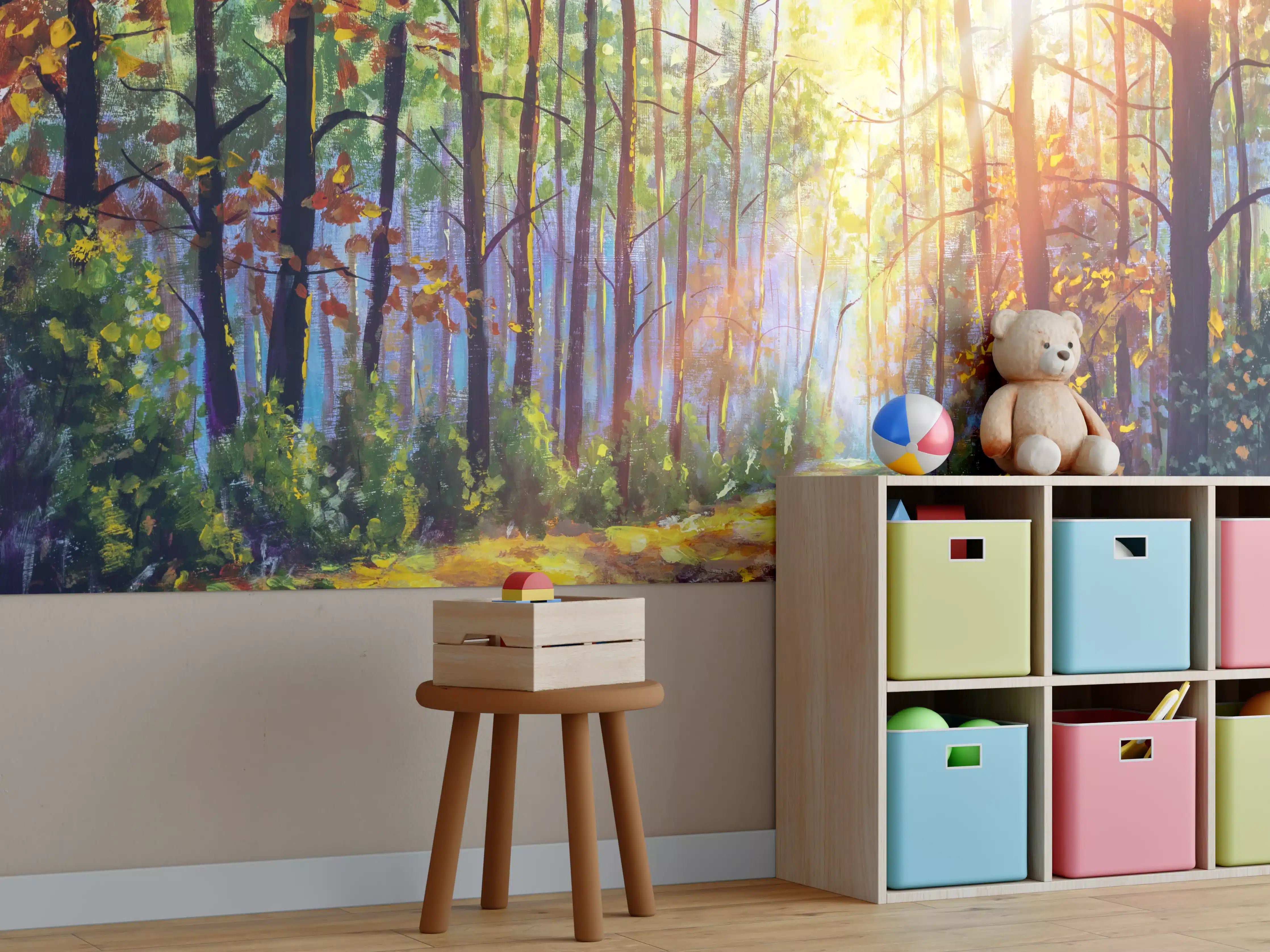 Kinderzimmer Wandgestaltung - Ölgemälde lichterfüllter Wald im Herbst