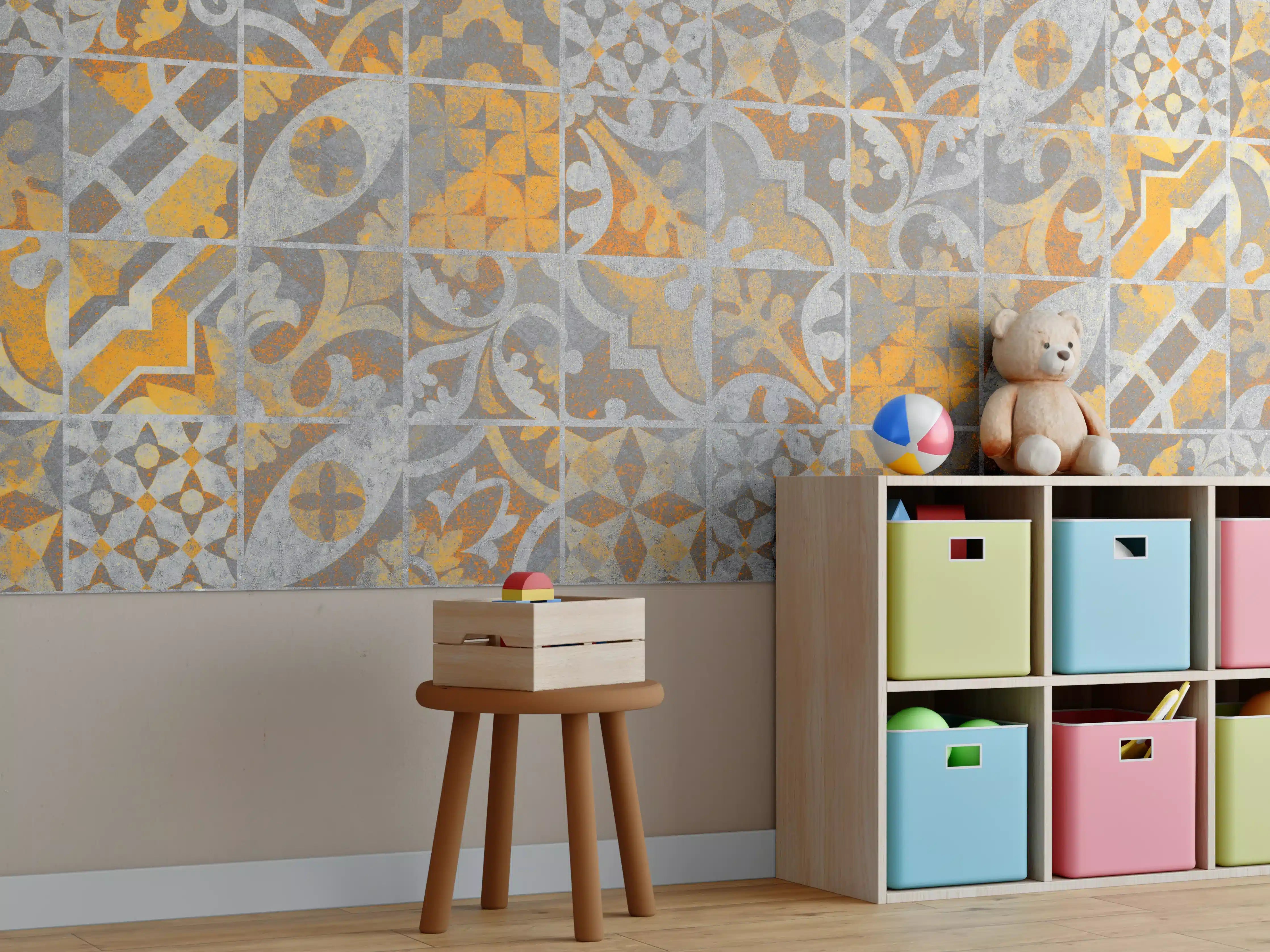 Kinderzimmer Wandgestaltung - Orange Helles Licht Stein Beton