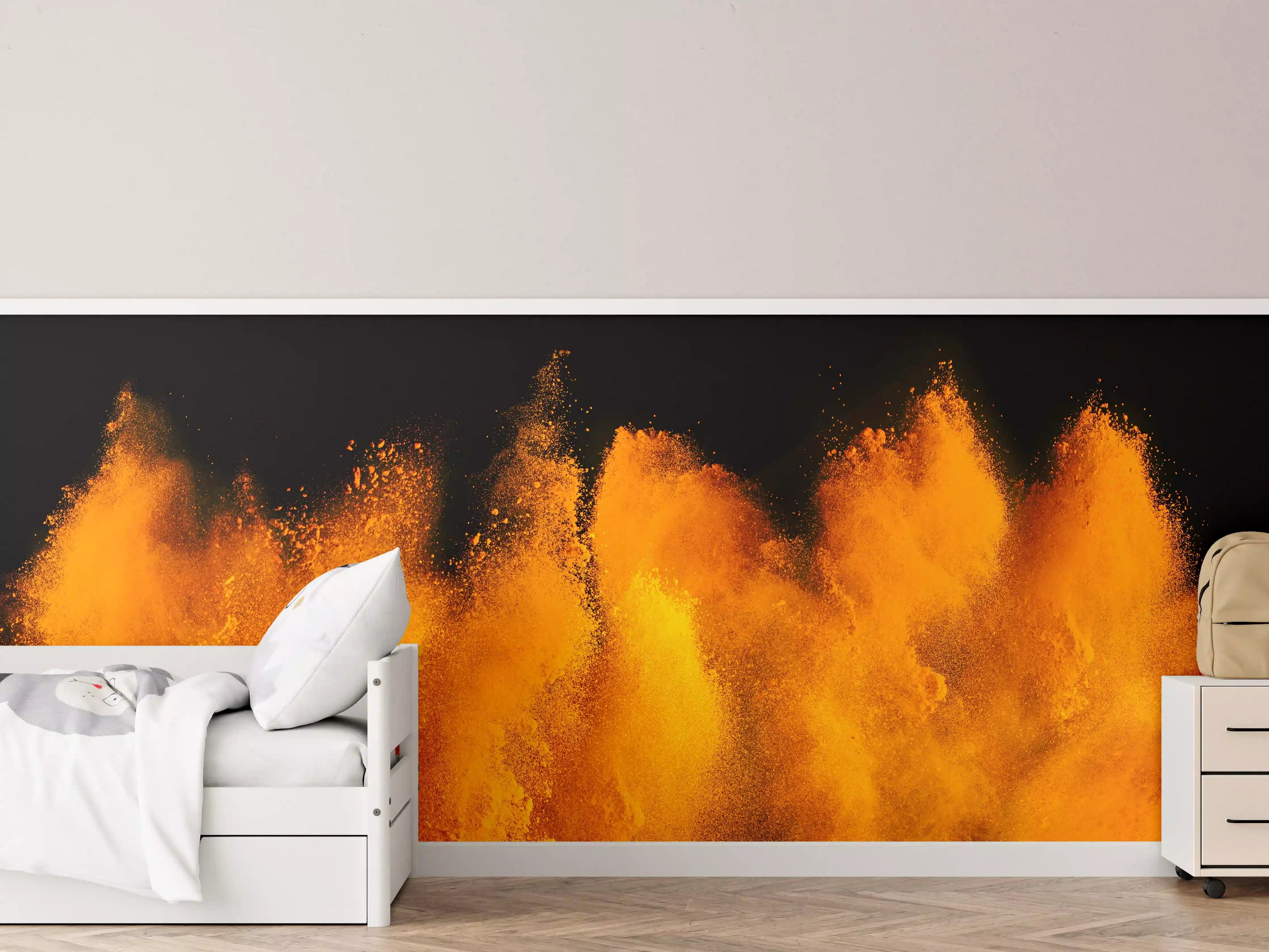 Kinderzimmer Wandgestaltung - Orange-Rote Holi Farbexplosion