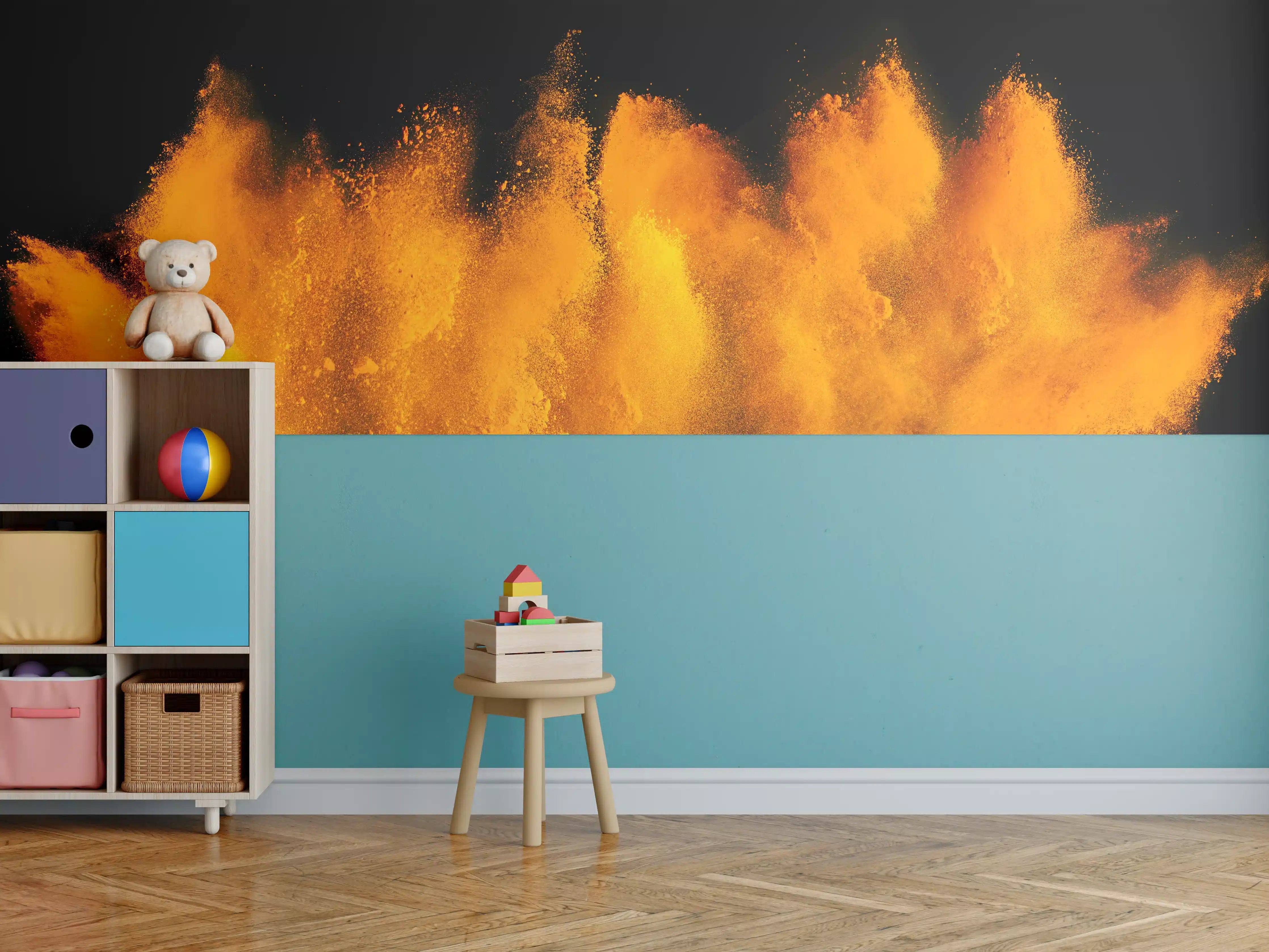 Kinderzimmer Wandgestaltung - Orange-Rote Holi Farbexplosion