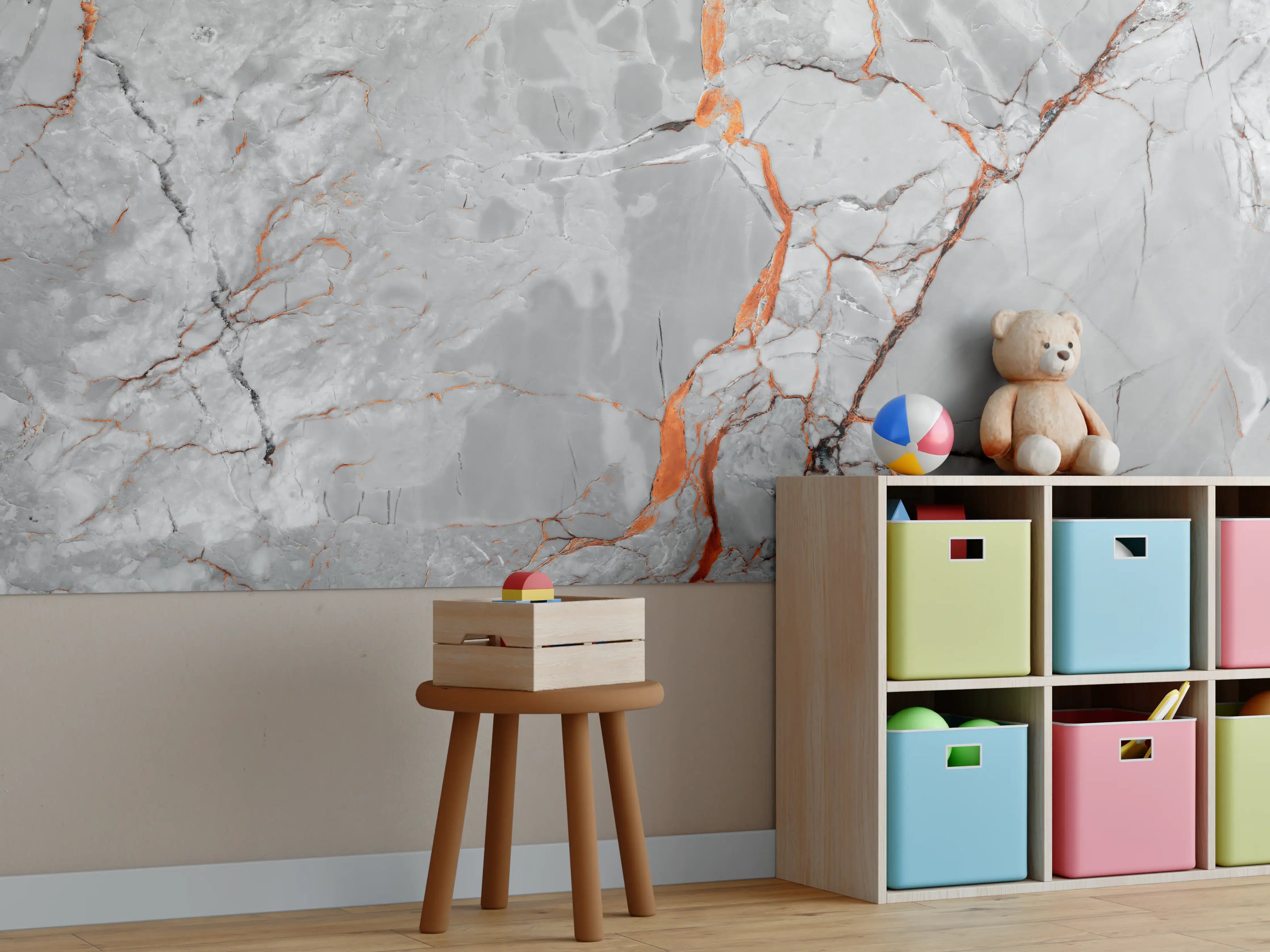 Kinderzimmer Wandgestaltung - Orange-Weiß natürliche Marmortextur