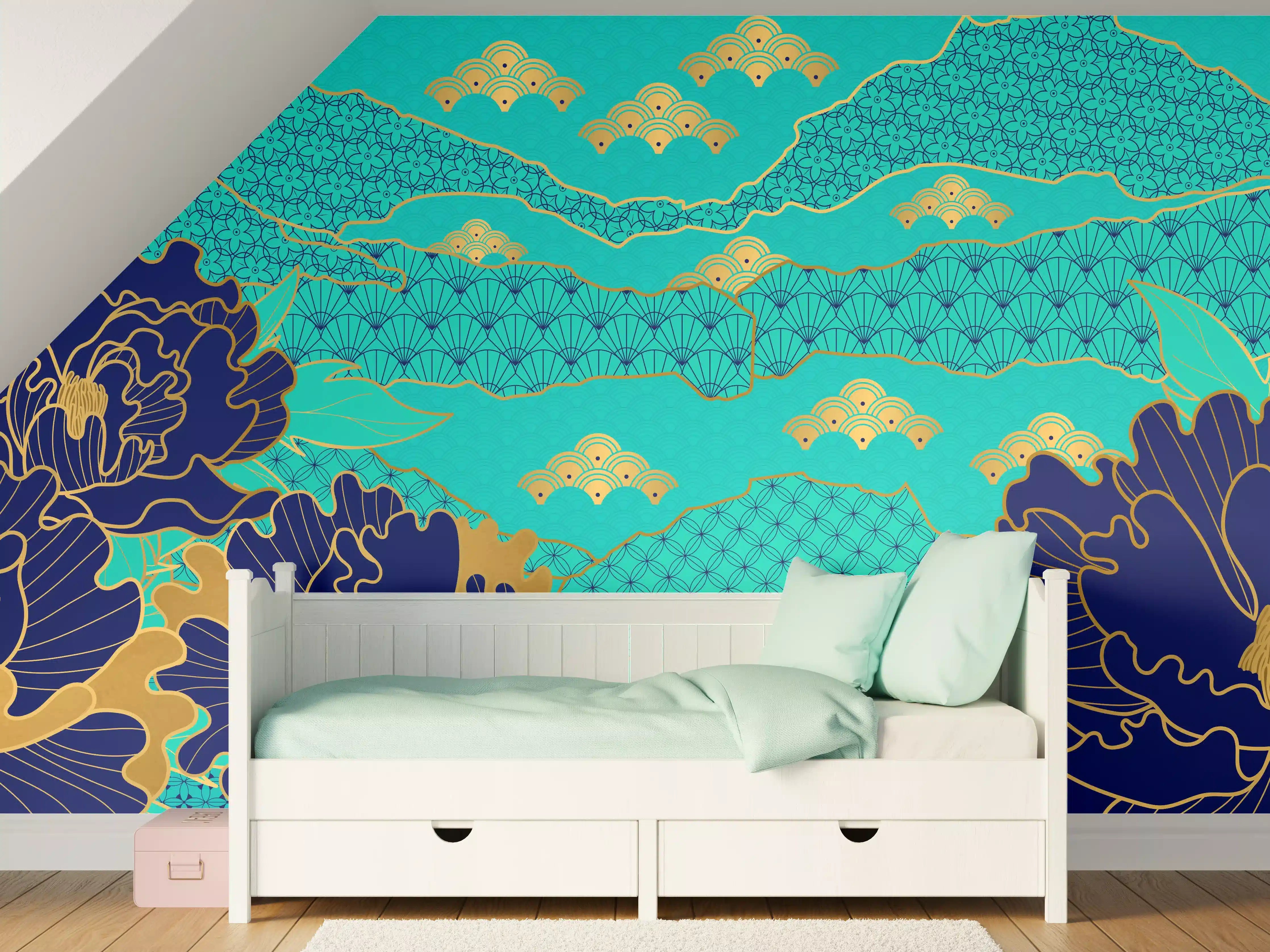 Kinderzimmer Wandgestaltung - Orientalisch-Blauer Blumen-Digitaldruck