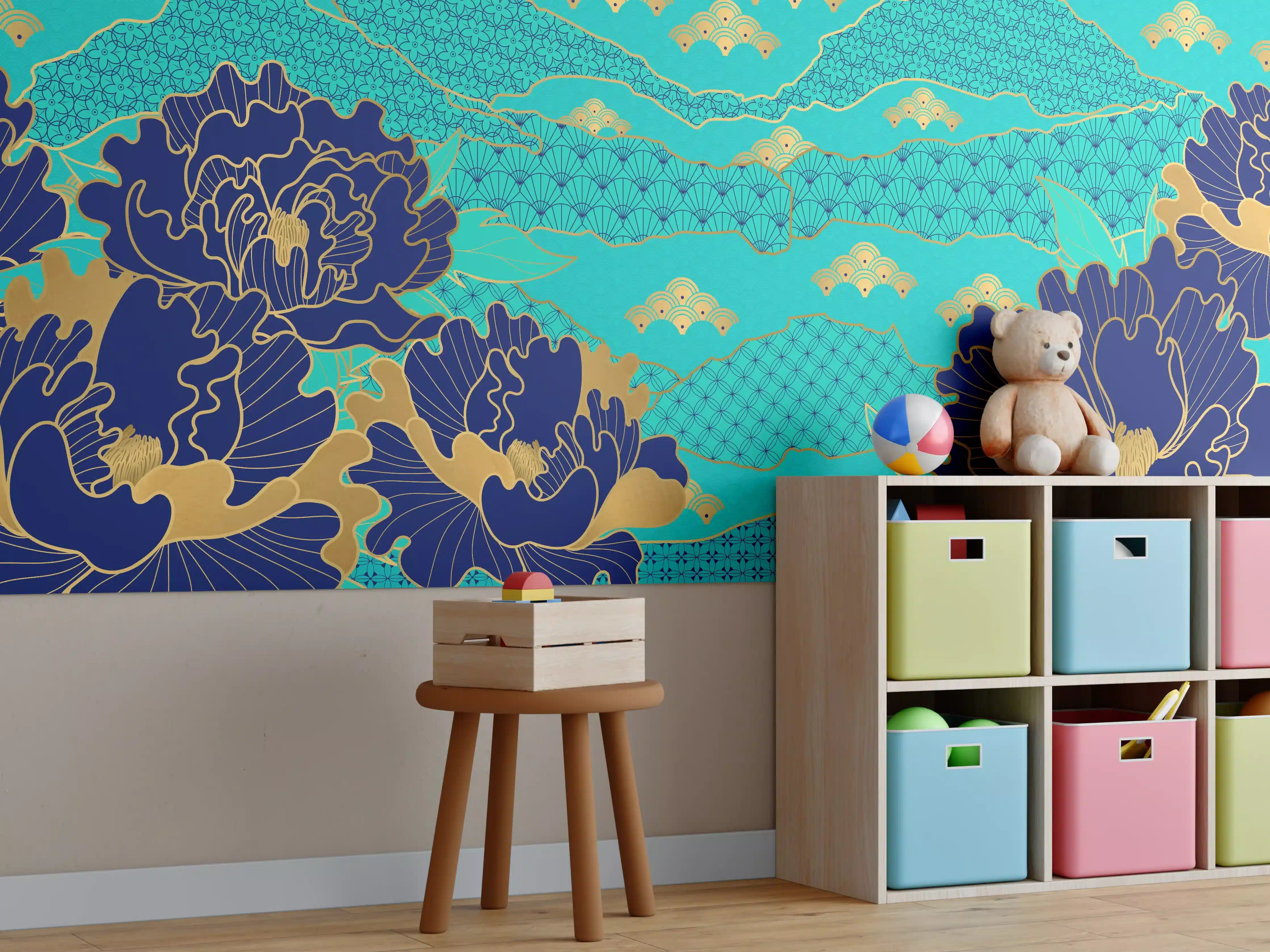 Kinderzimmer Wandgestaltung - Orientalisch-Blauer Blumen-Digitaldruck