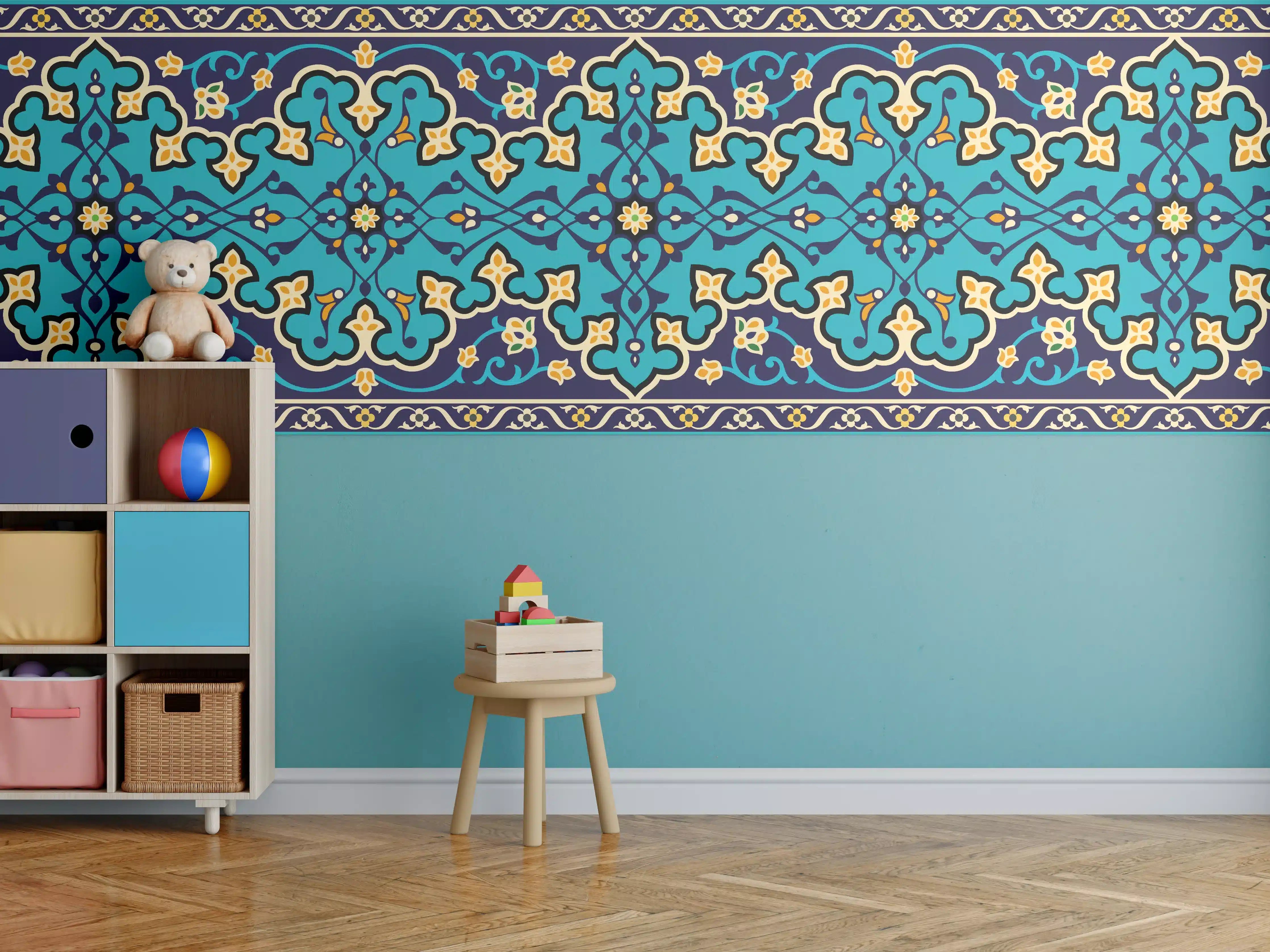 Kinderzimmer Wandgestaltung - Orientalisches Blau-Gold Muster