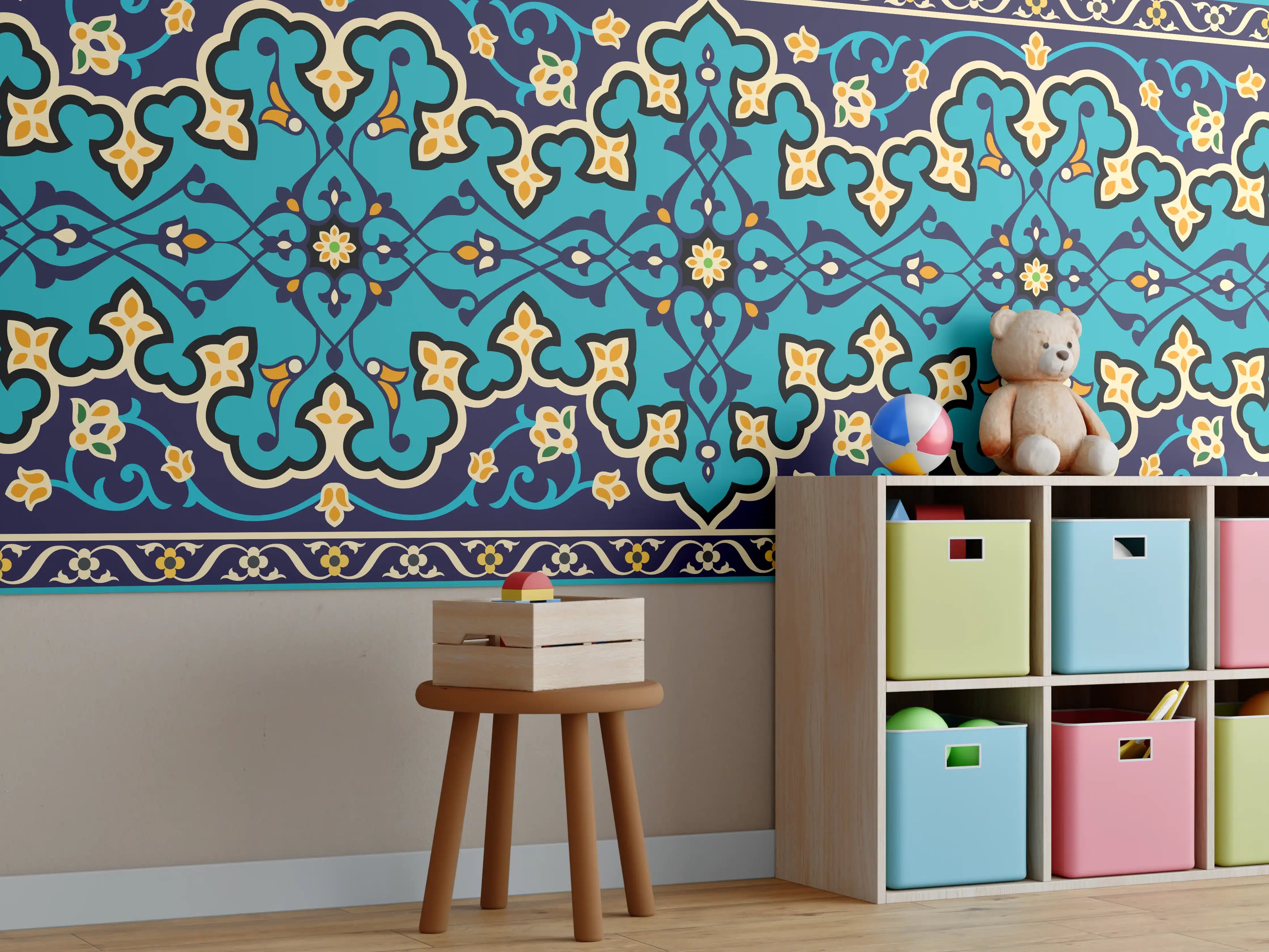 Kinderzimmer Wandgestaltung - Orientalisches Blau-Gold Muster