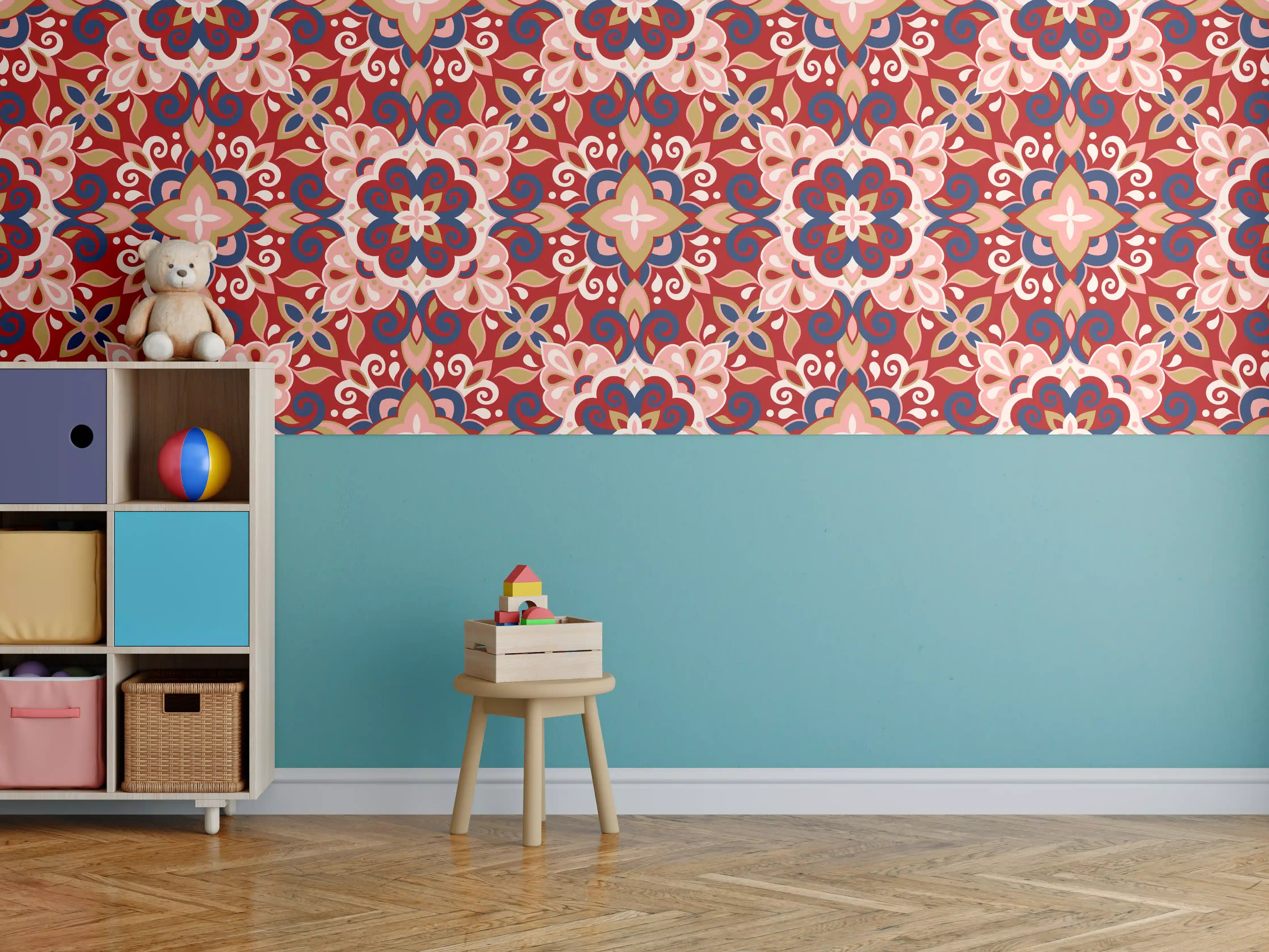 Kinderzimmer Wandgestaltung - Orientalisches Rot-Blau Muster