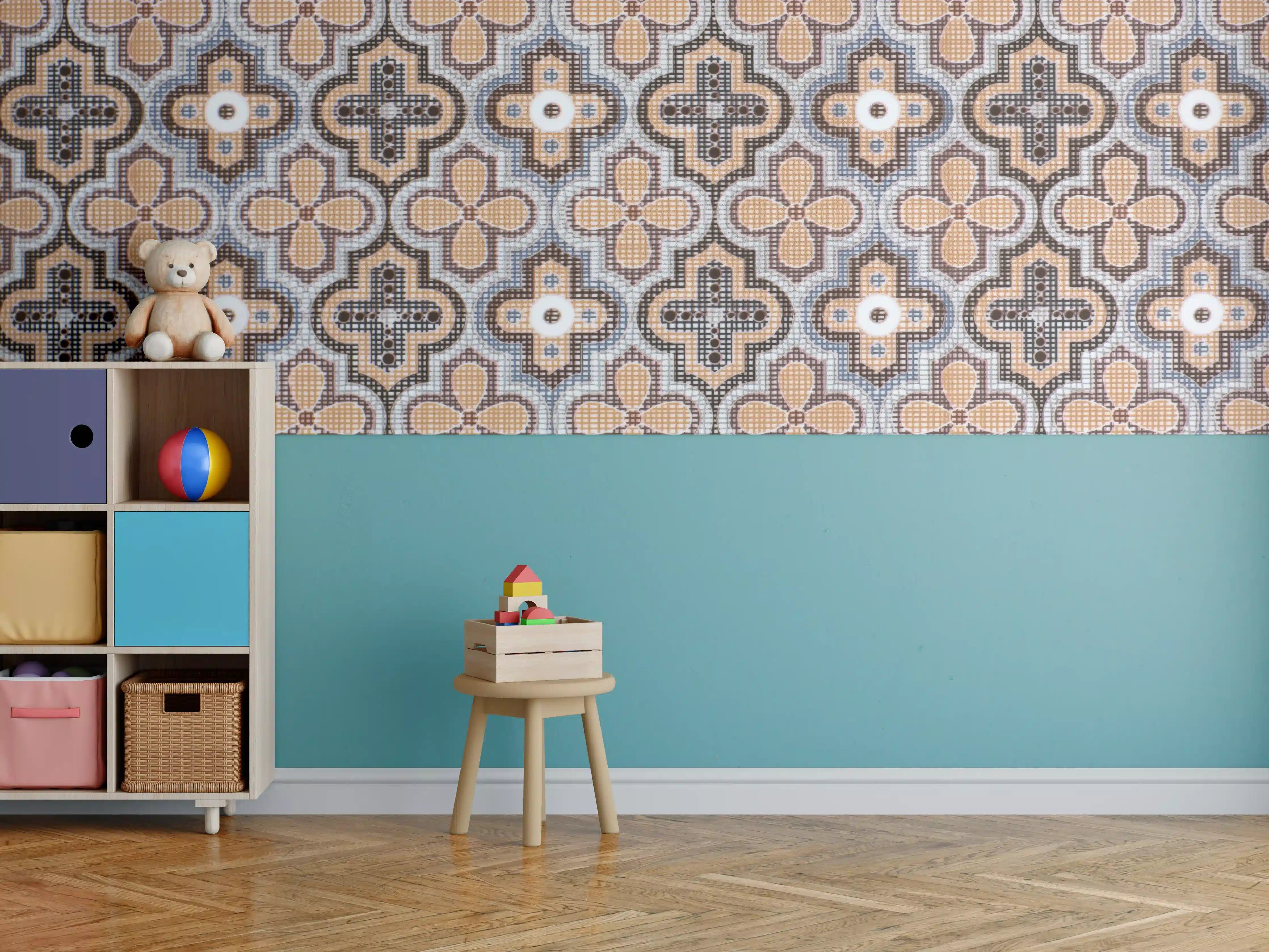 Kinderzimmer Wandgestaltung - Ornamentale Beige-Muster-Fliesen