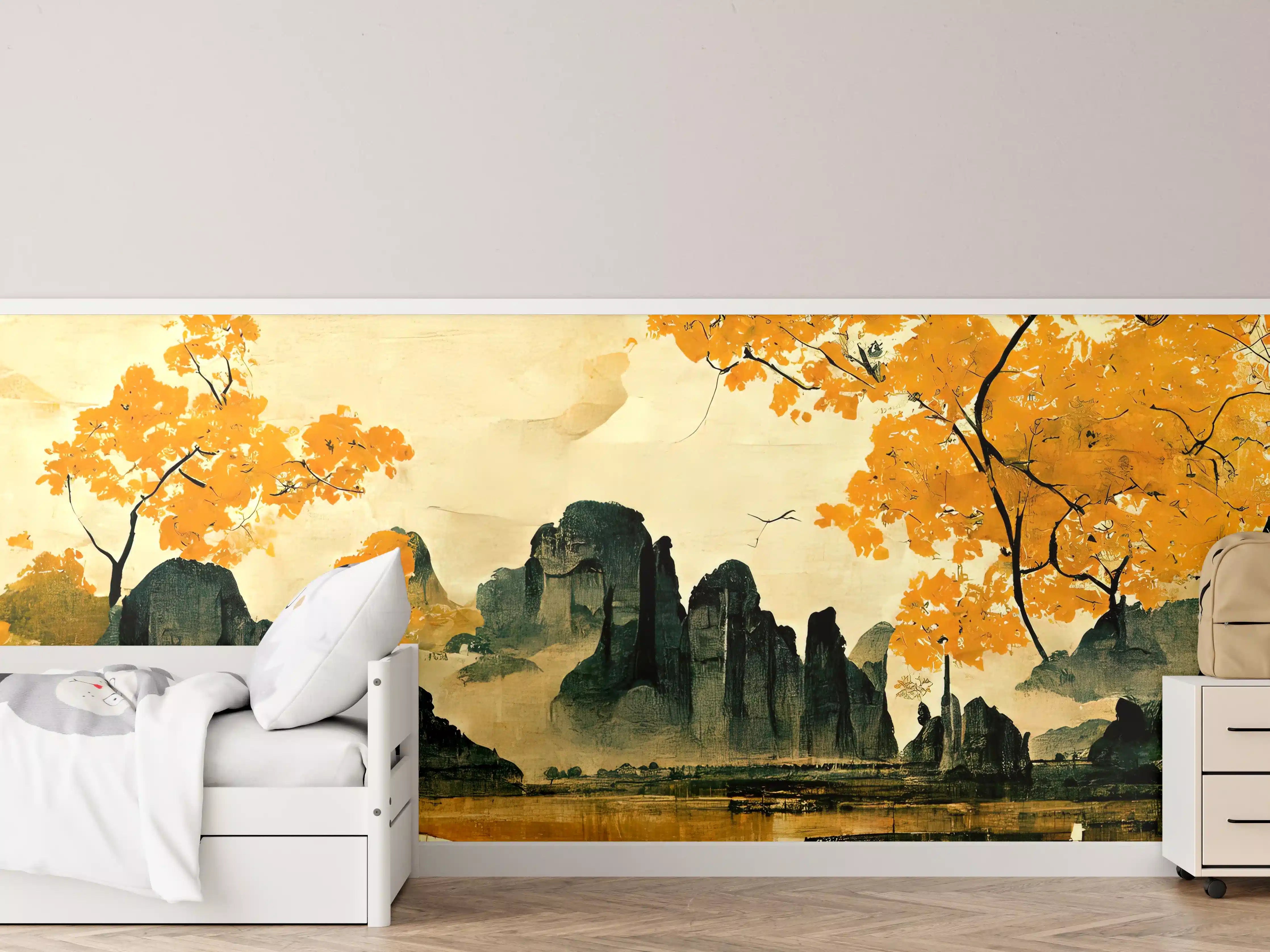 Kinderzimmer Wandgestaltung - Östliche Landschaft mit goldenen Bäumen