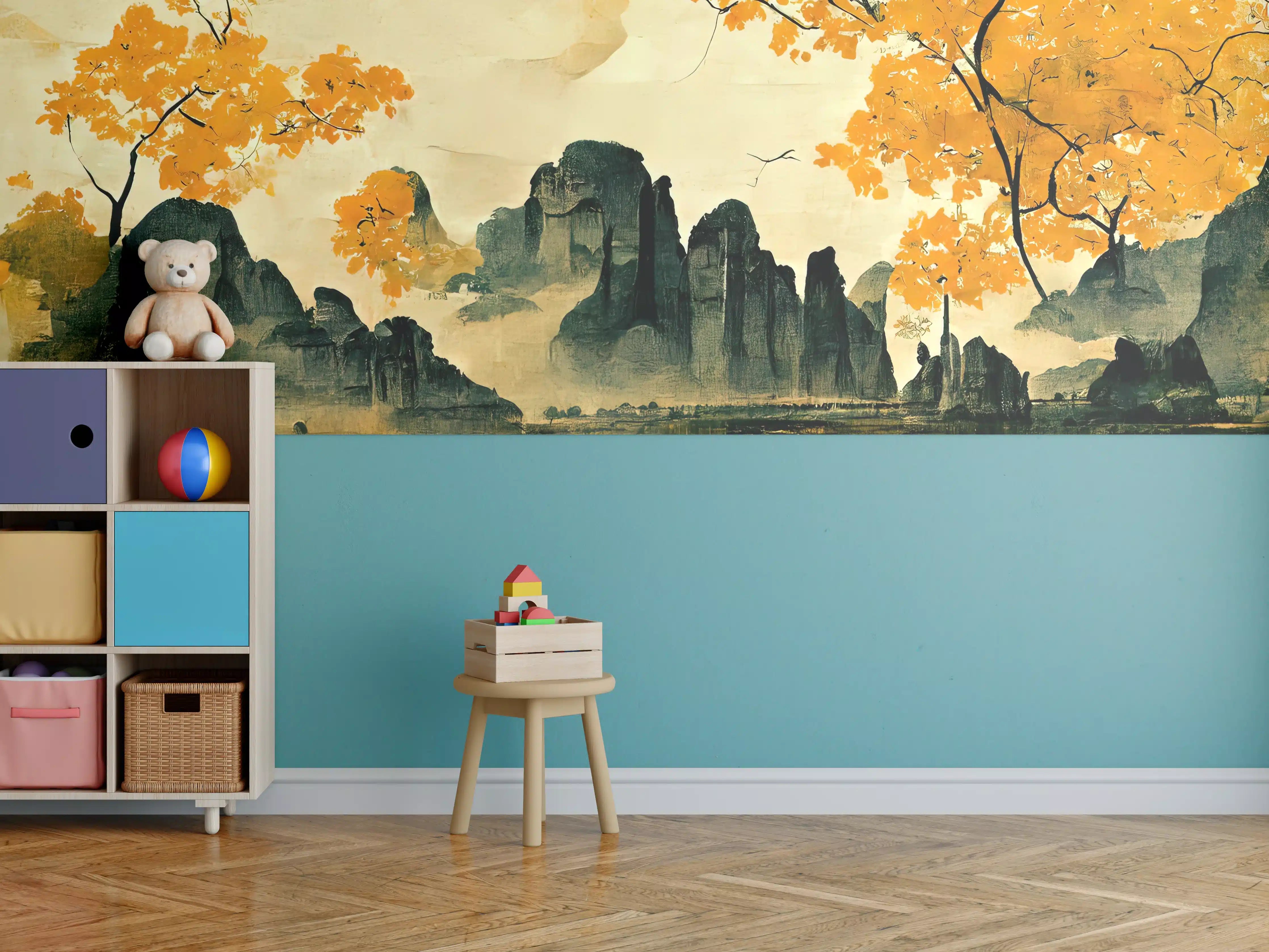 Kinderzimmer Wandgestaltung - Östliche Landschaft mit goldenen Bäumen