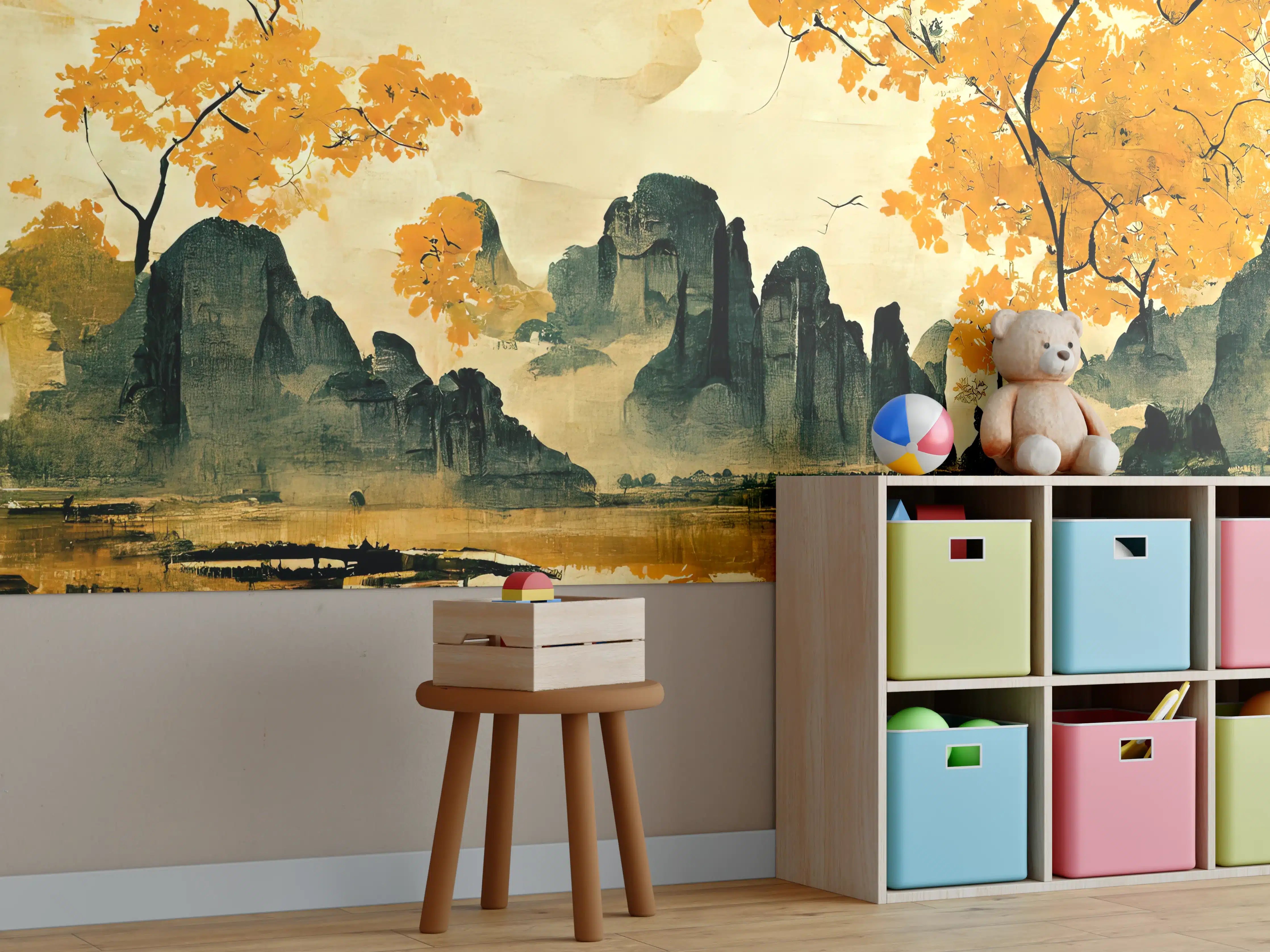 Kinderzimmer Wandgestaltung - Östliche Landschaft mit goldenen Bäumen