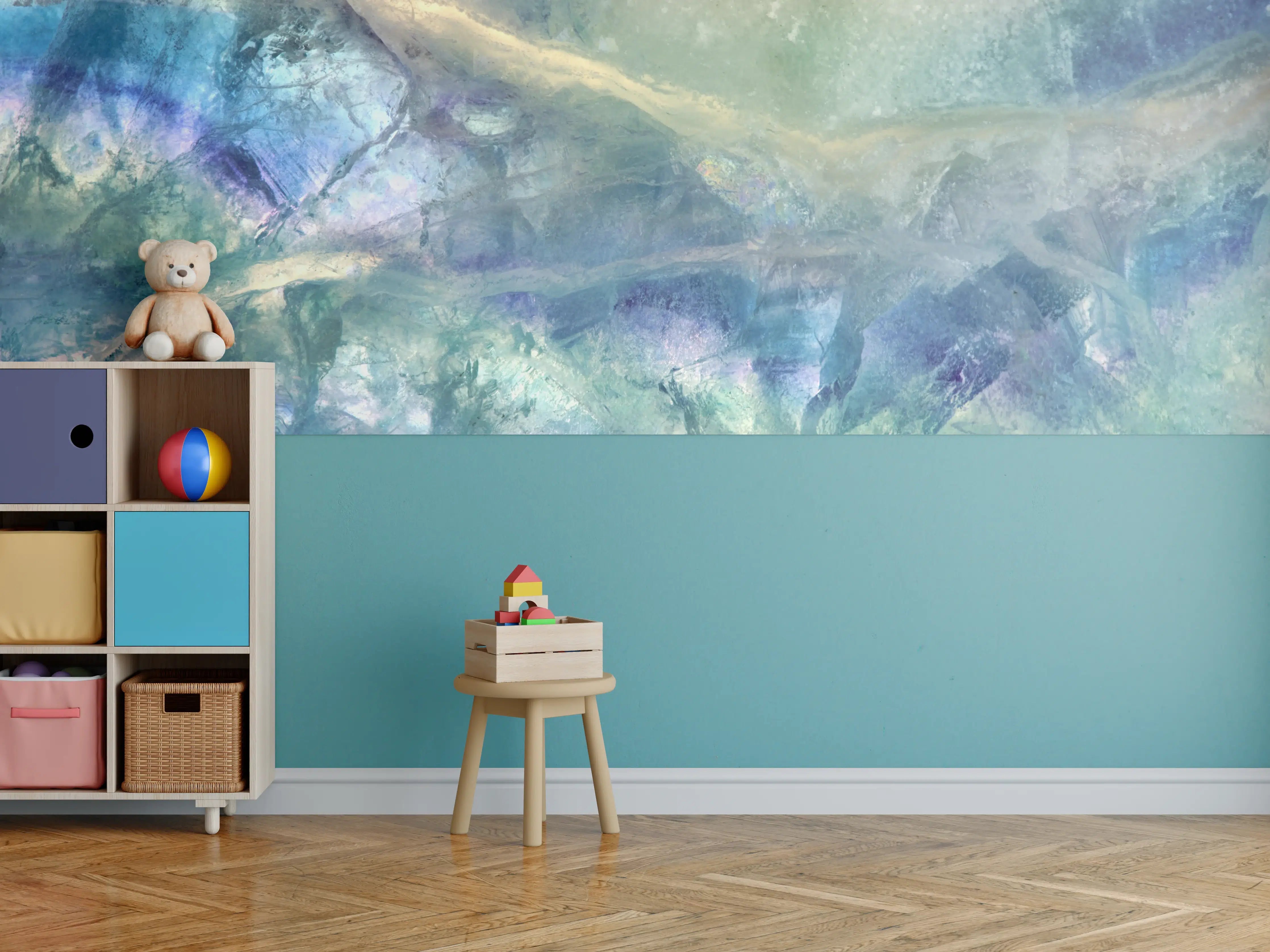Kinderzimmer Wandgestaltung - Ozeanische Wasserfarben-Textur in Blau-Grün