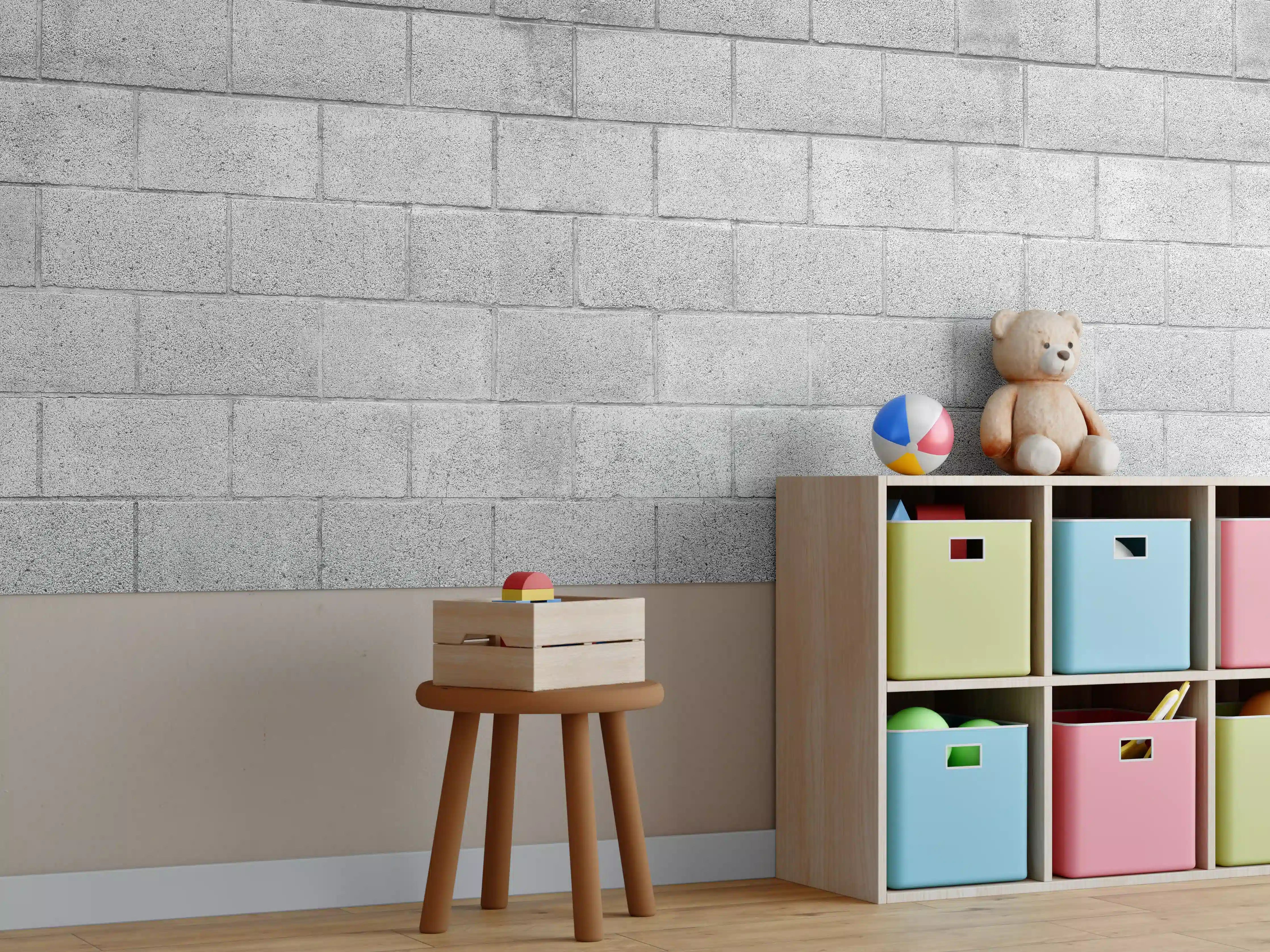 Kinderzimmer Wandgestaltung - Panorama der grauen Zementblockwand