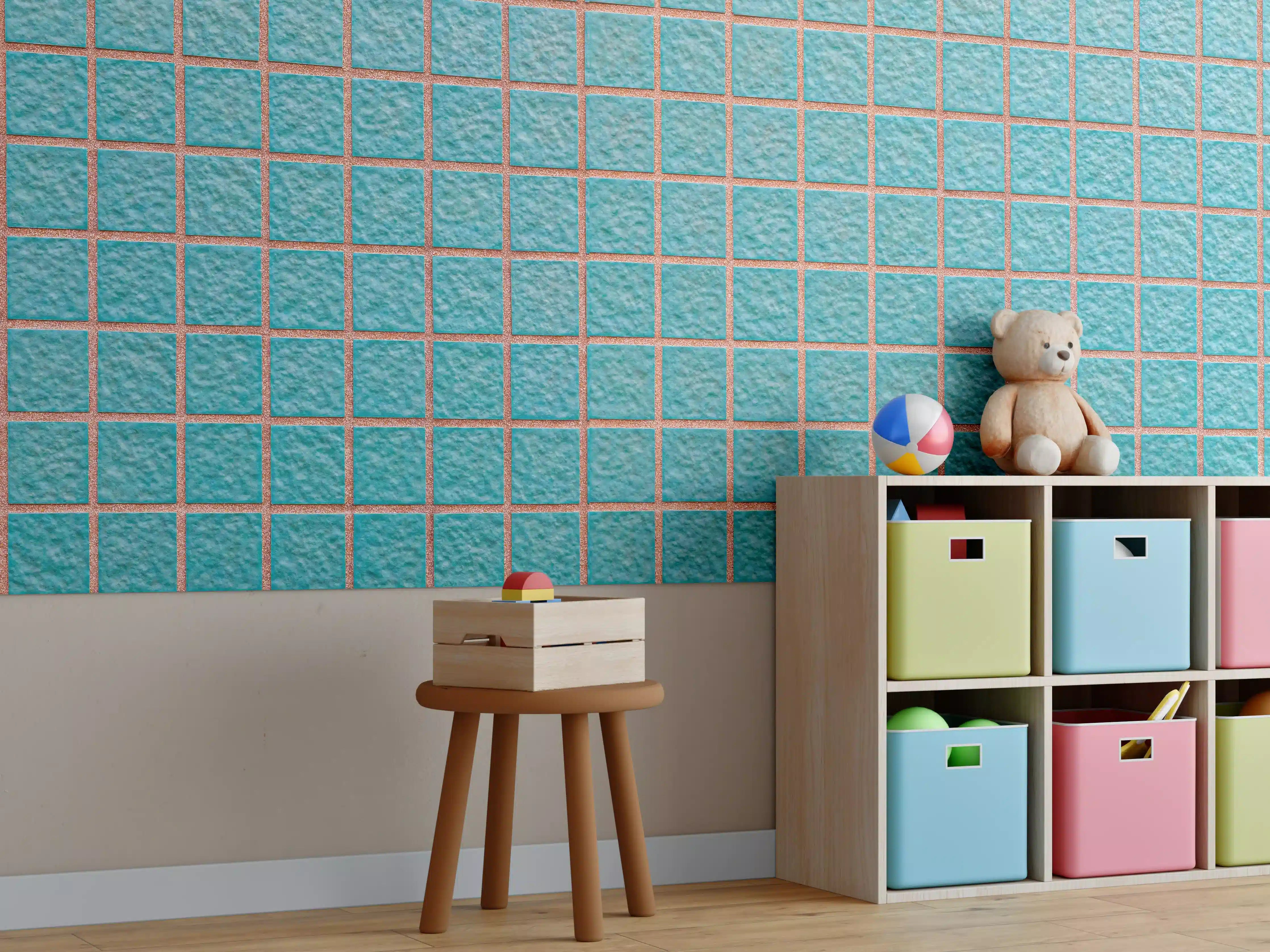 Kinderzimmer Wandgestaltung - Panorama der hellblauen Steinblockwand