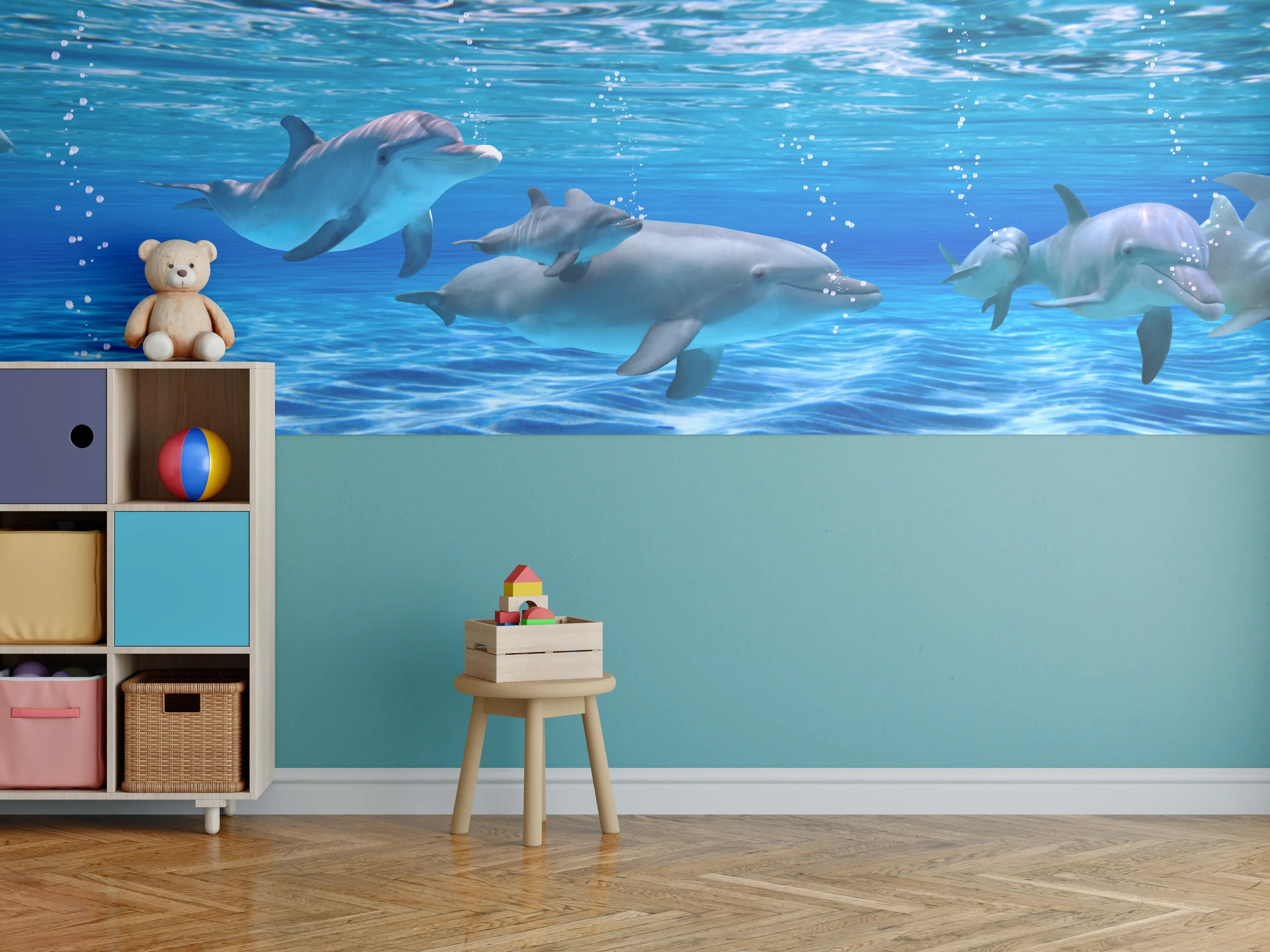 Kinderzimmer Wandgestaltung - Panorama der schwimmenden Delphine