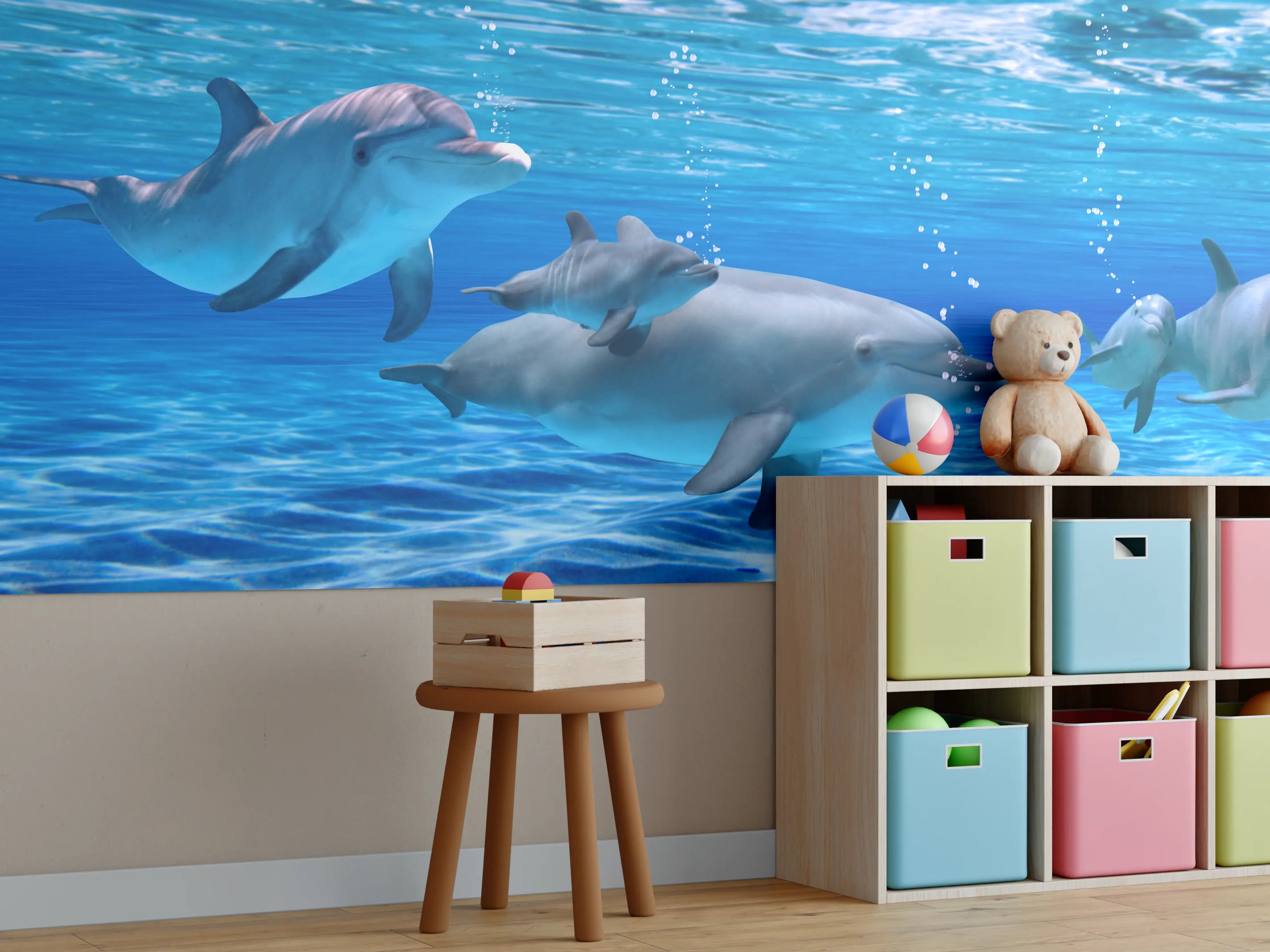 Kinderzimmer Wandgestaltung - Panorama der schwimmenden Delphine