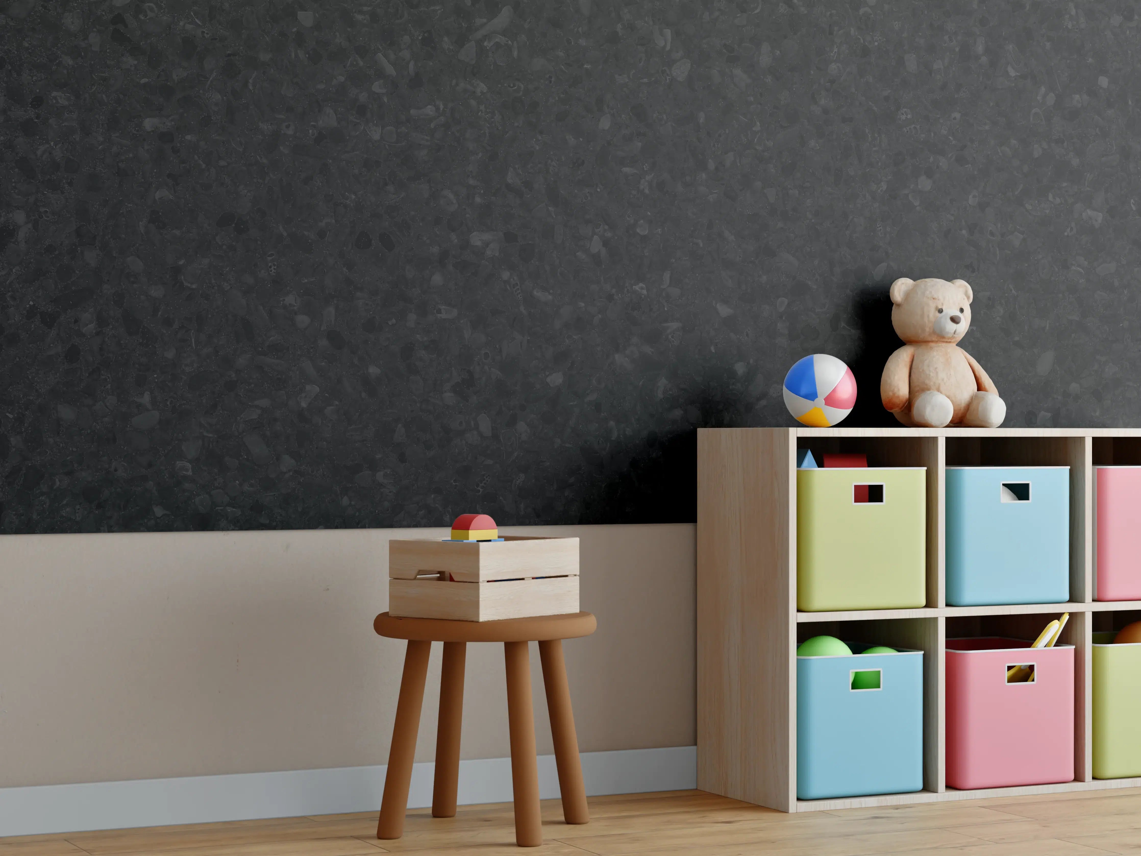 Kinderzimmer Wandgestaltung - Panorama des schwarzen Granitfliesenbodens
