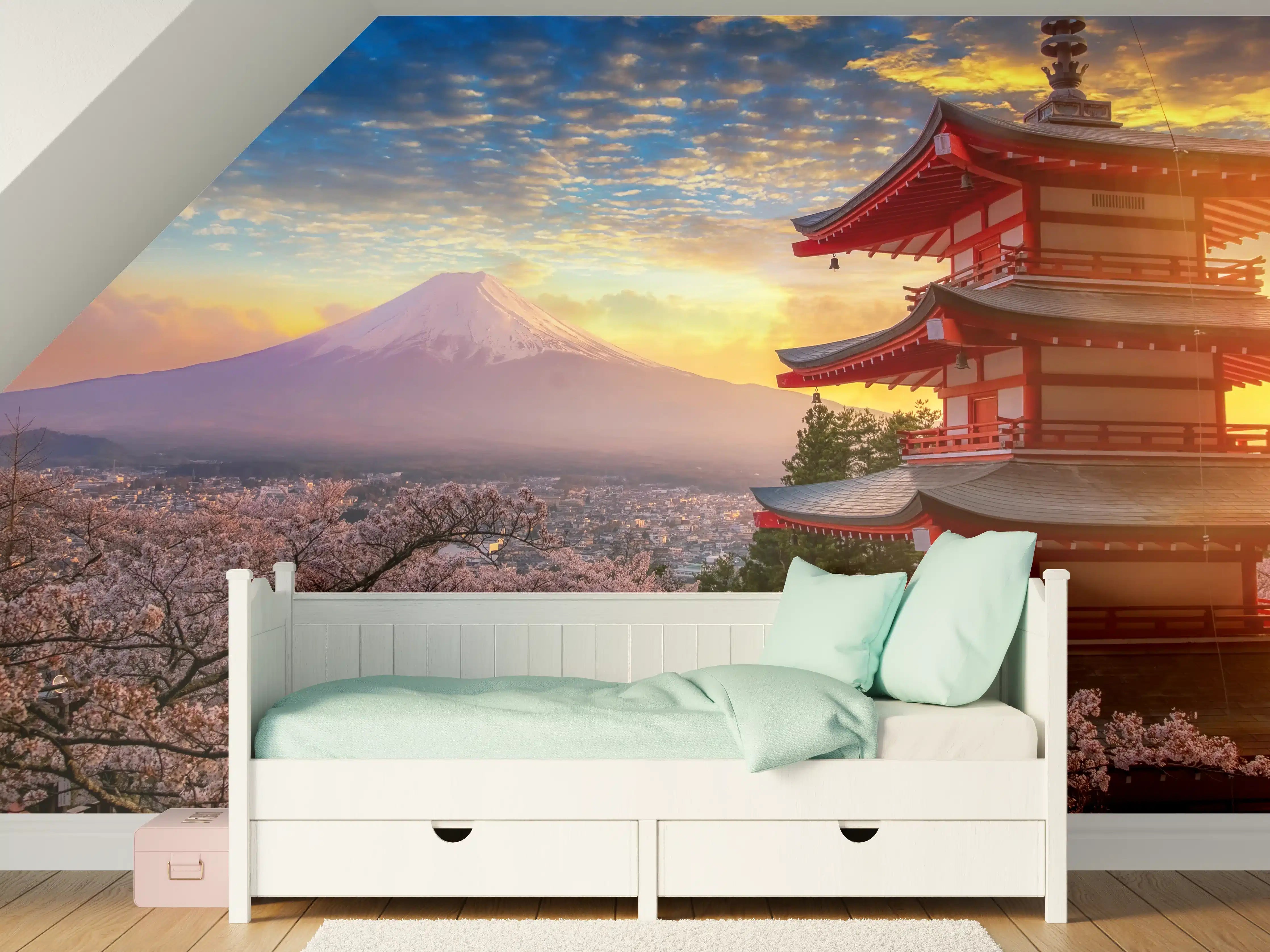Kinderzimmer Wandgestaltung - Panoramablick auf Fujiyoshida Sonnenuntergang