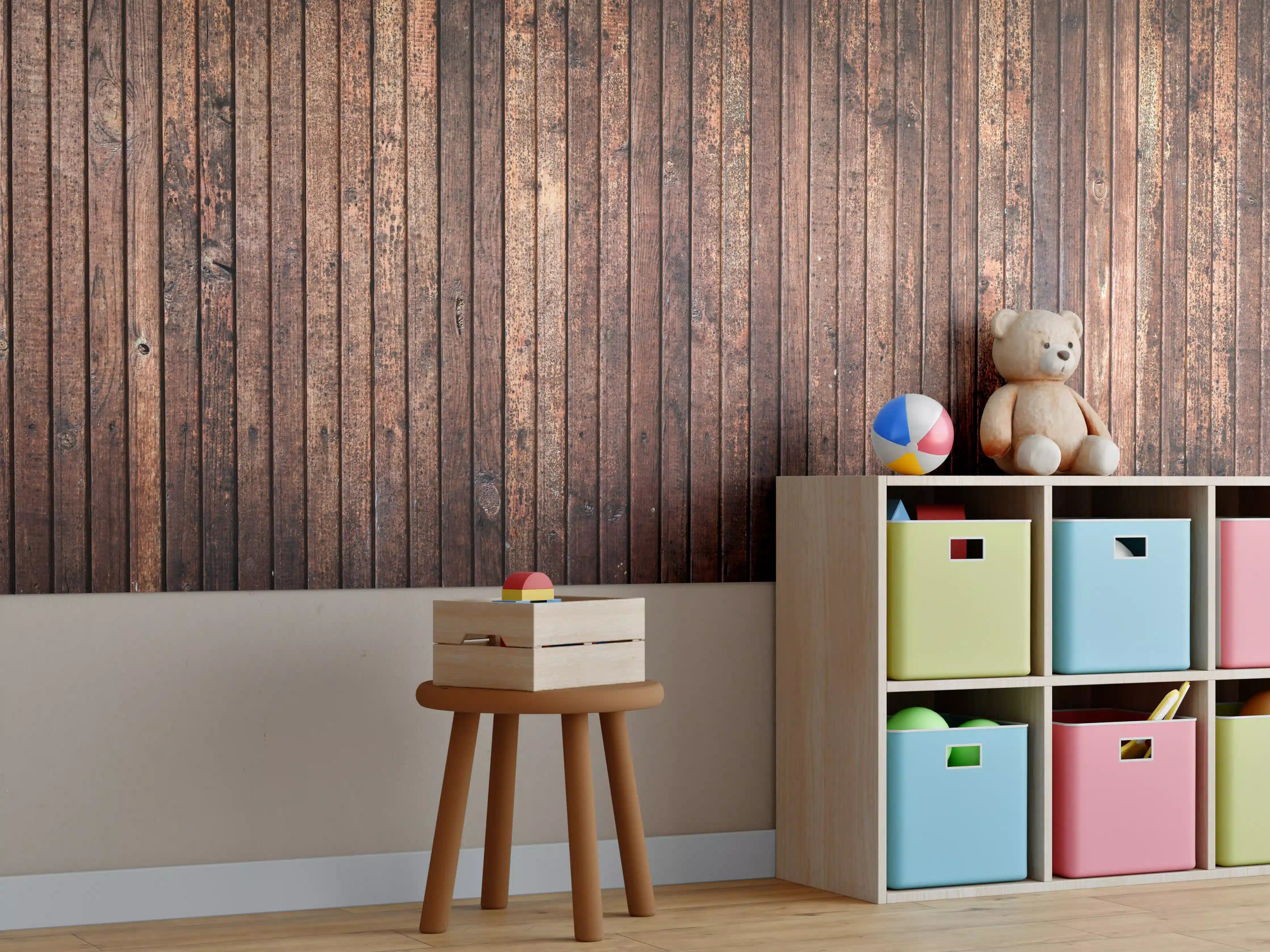 Kinderzimmer Wandgestaltung - Panoramahintergrund aus vertikalen schmalen Holzplatten