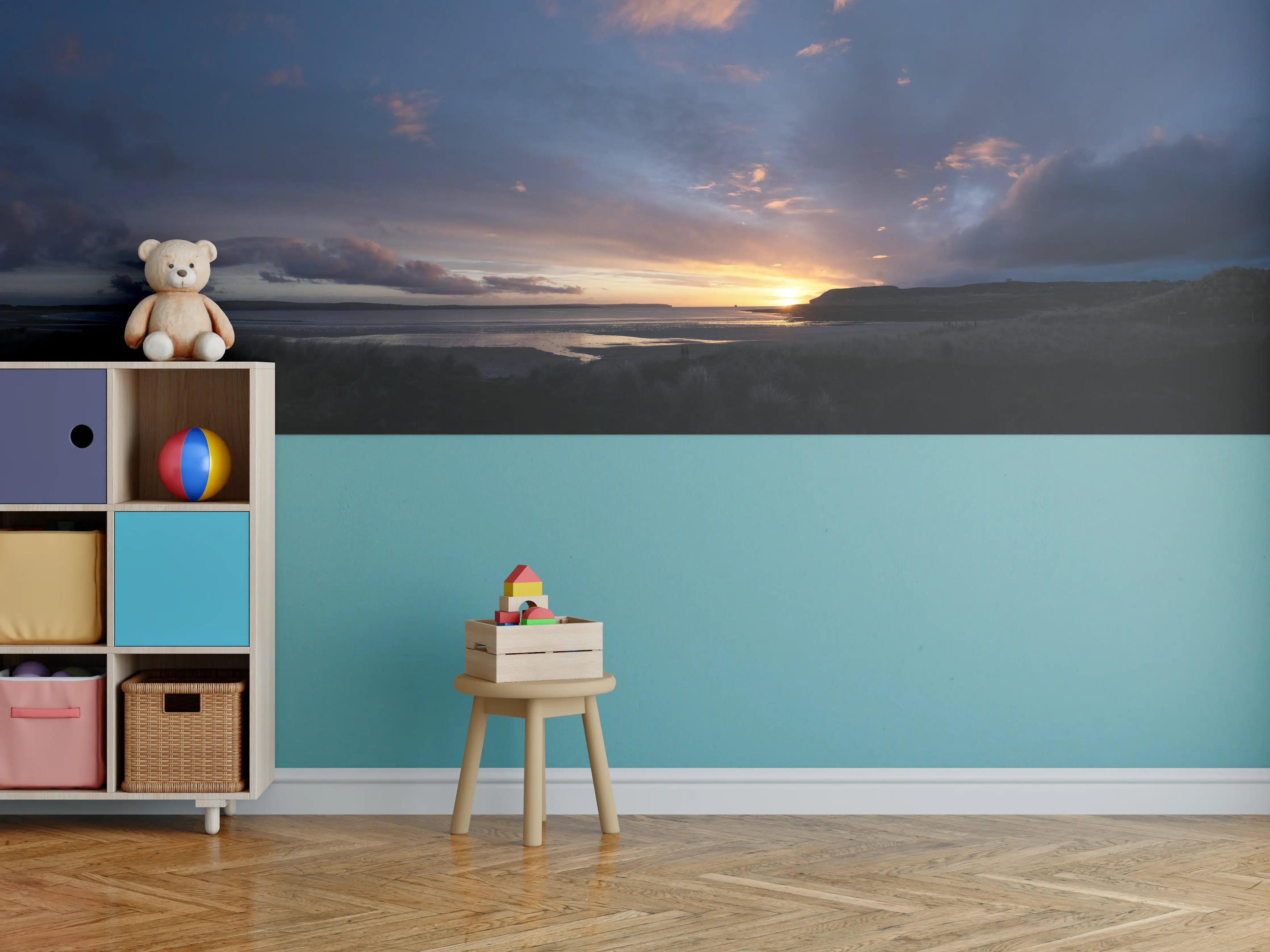 Kinderzimmer Wandgestaltung - Panoramischer Sonnenuntergang über ruhigem Wasser