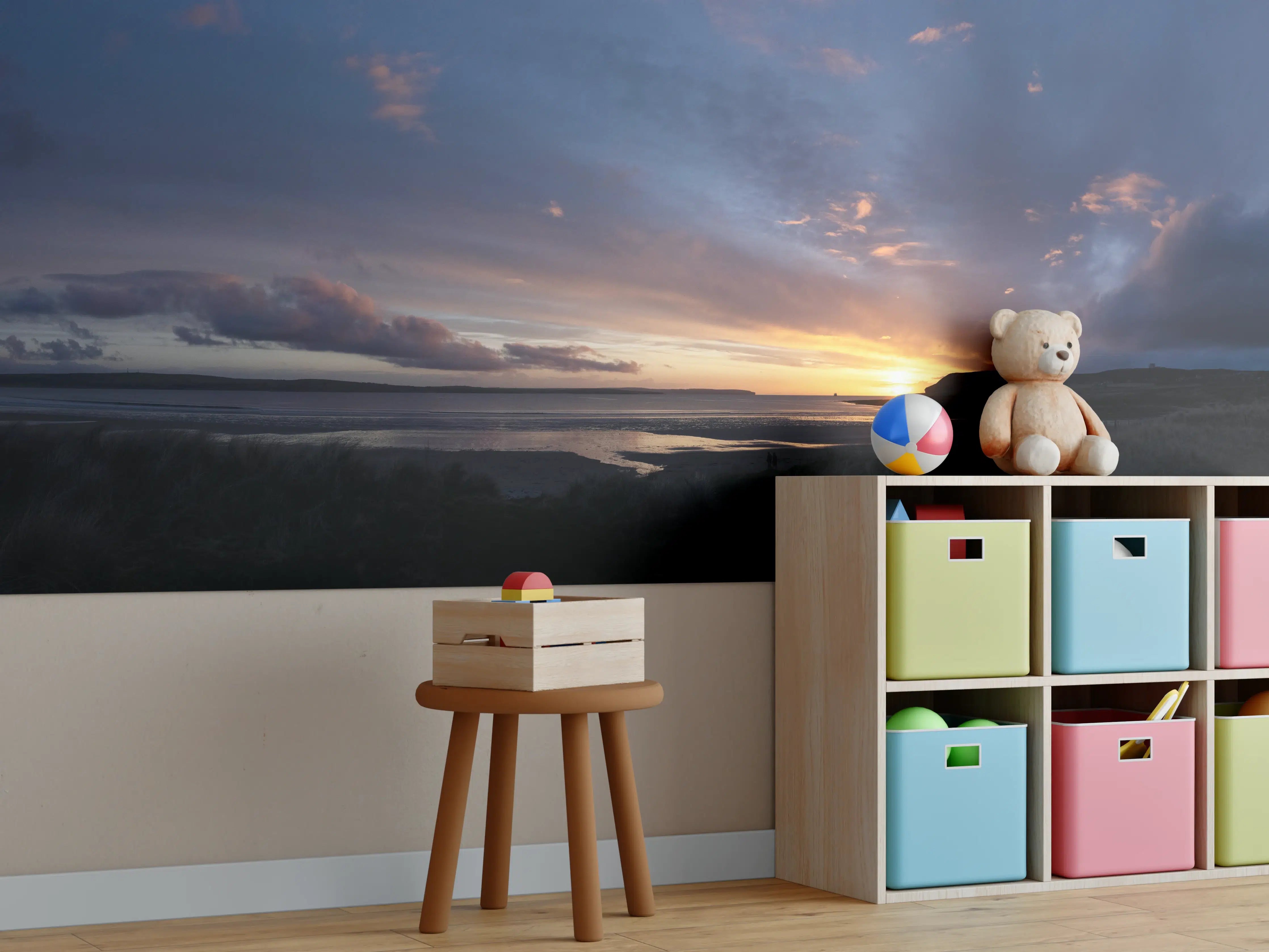Kinderzimmer Wandgestaltung - Panoramischer Sonnenuntergang über ruhigem Wasser