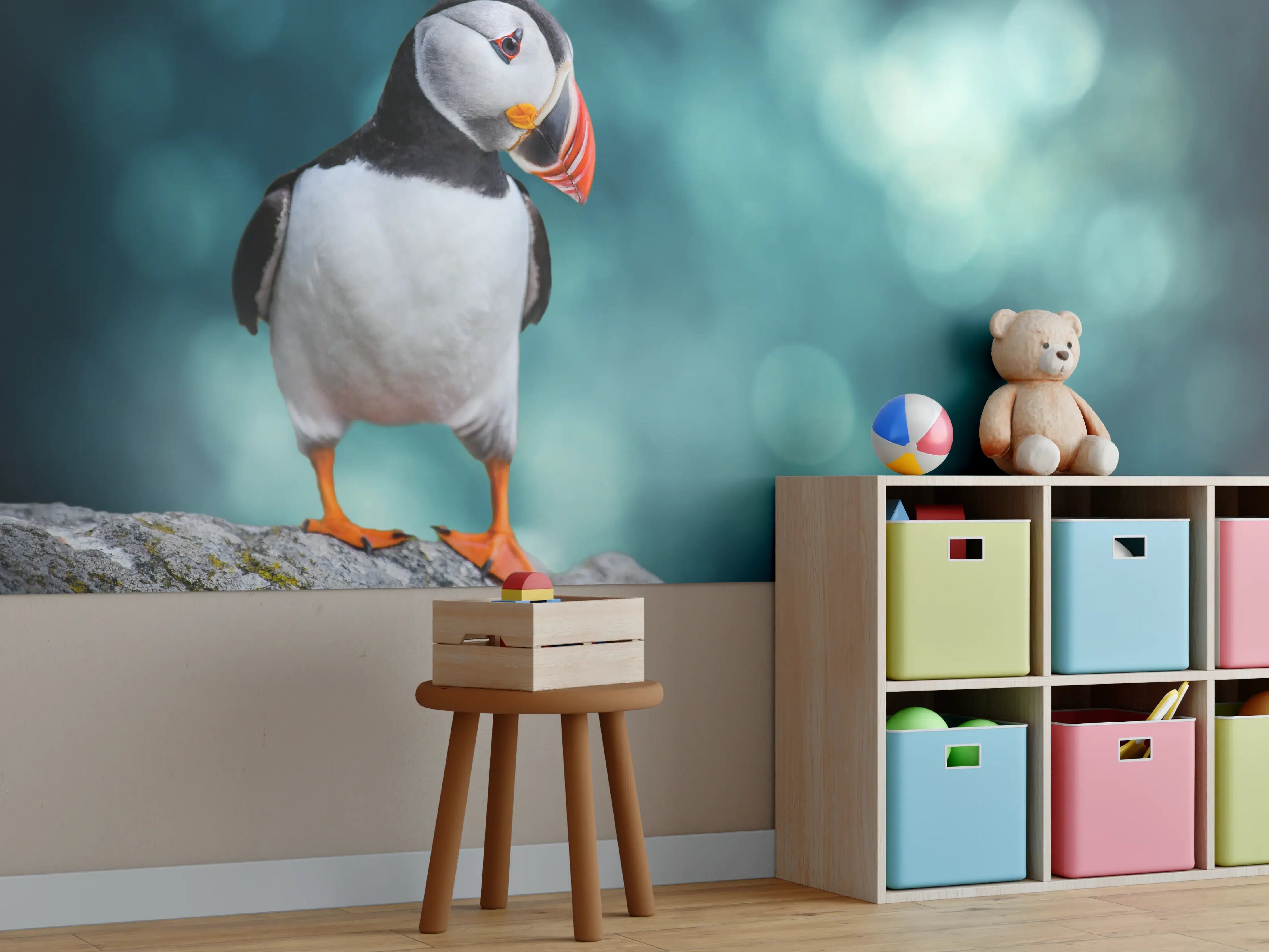 Kinderzimmer Wandgestaltung - Papageientaucher auf Fels