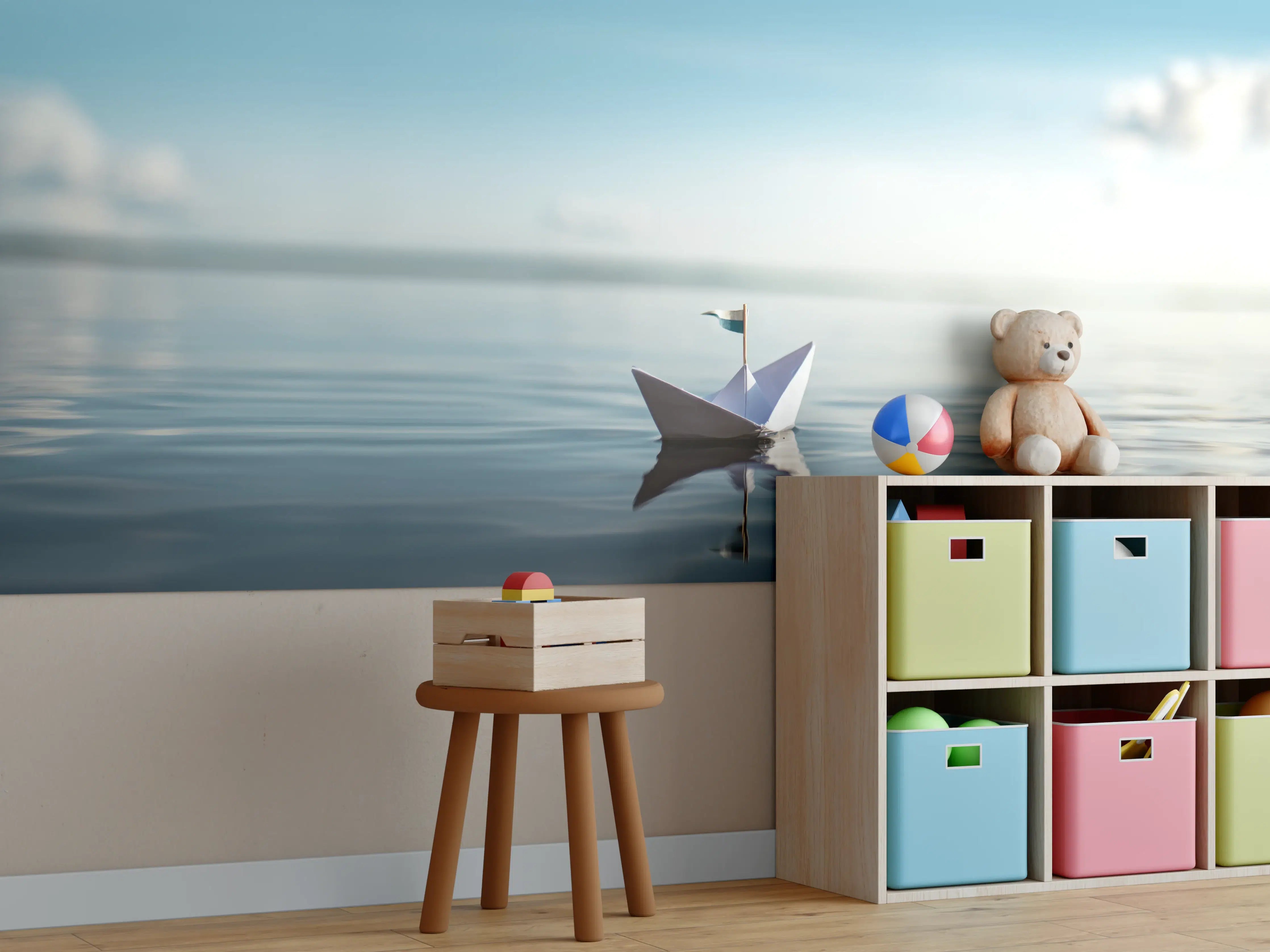 Kinderzimmer Wandgestaltung - Papierboot auf ruhigem Meer