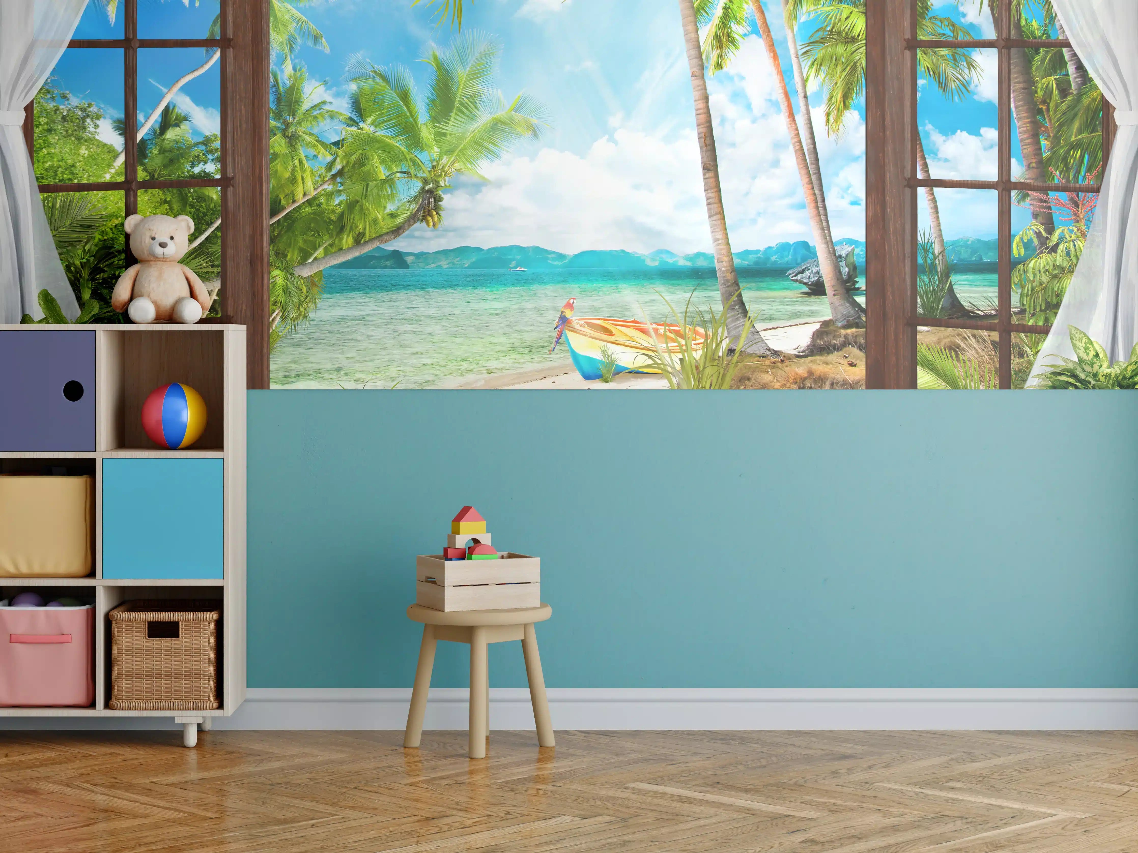 Kinderzimmer Wandgestaltung - Paradiesischer Strand mit Palmbäumen und Boot