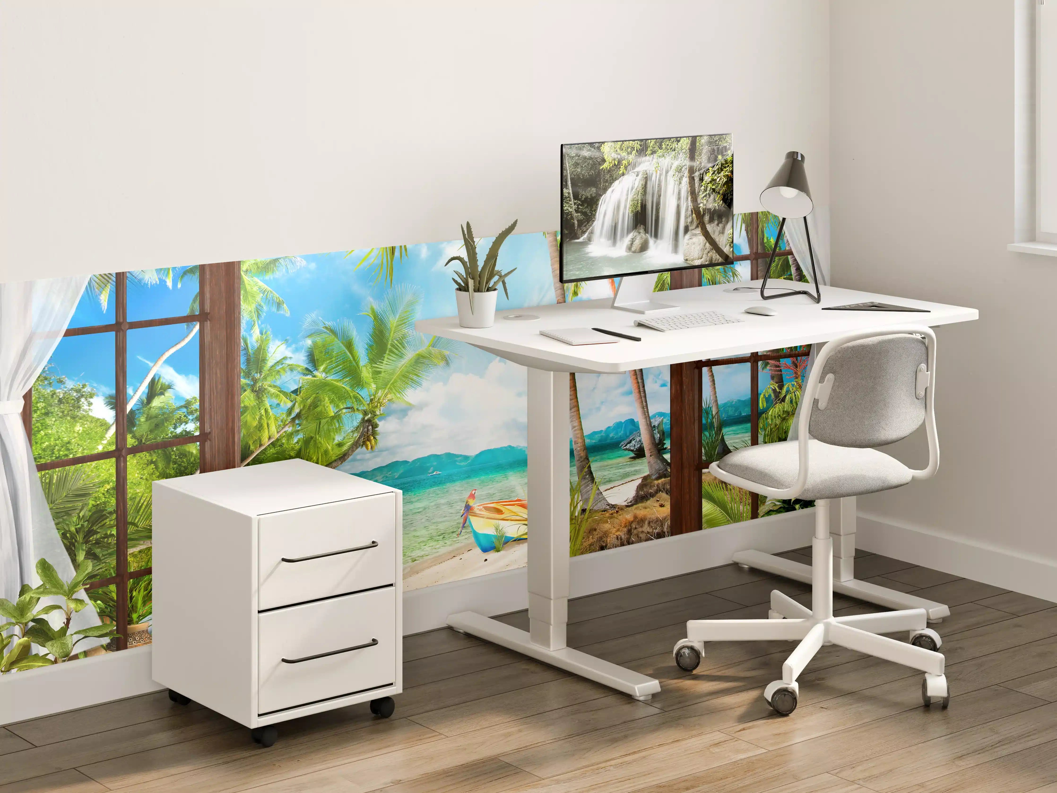 Kinderzimmer Wandgestaltung - Paradiesischer Strand mit Palmbäumen und Boot