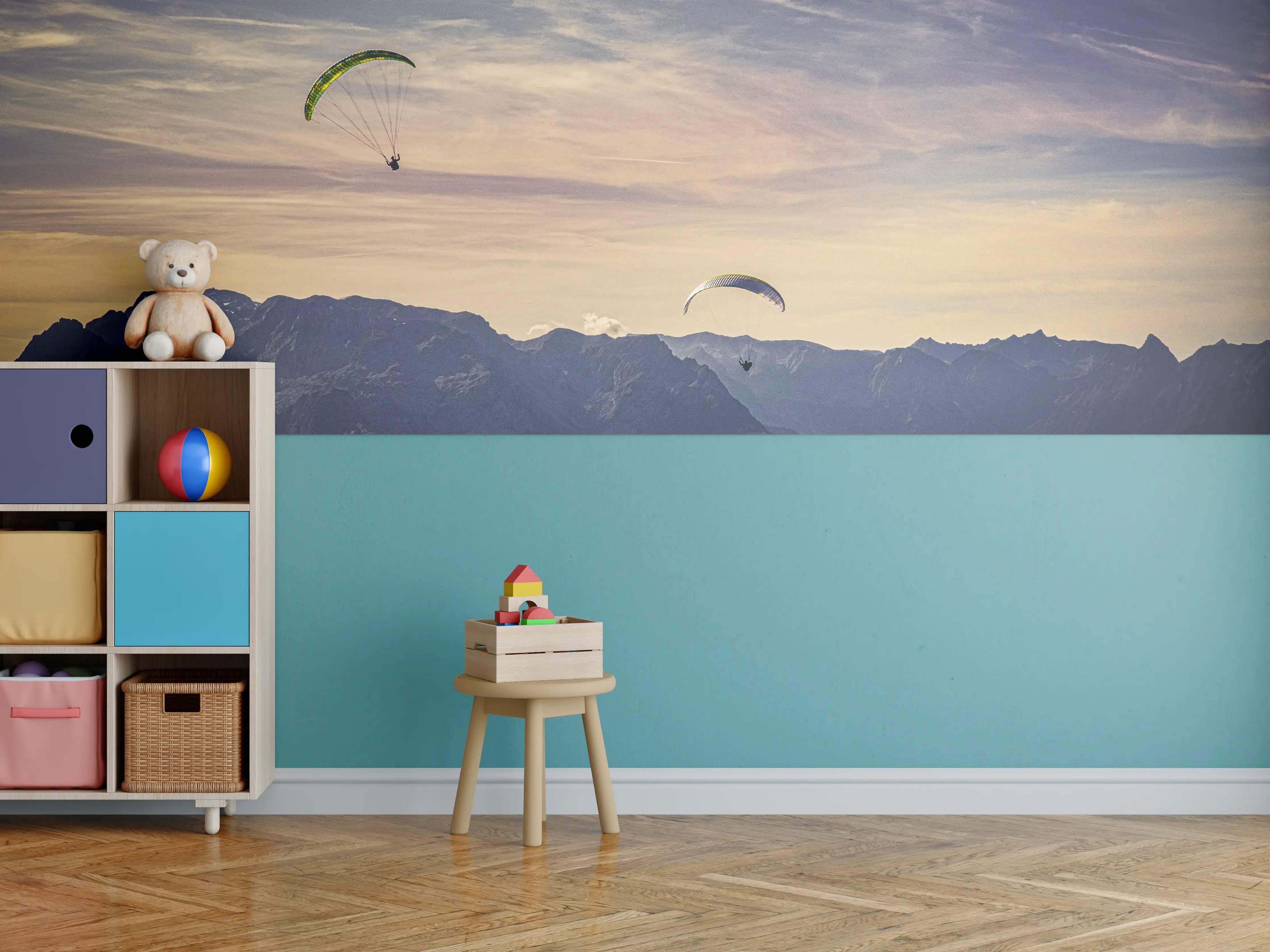Kinderzimmer Wandgestaltung - Paragliding über majestätischen Bergen bei Sonnenuntergang