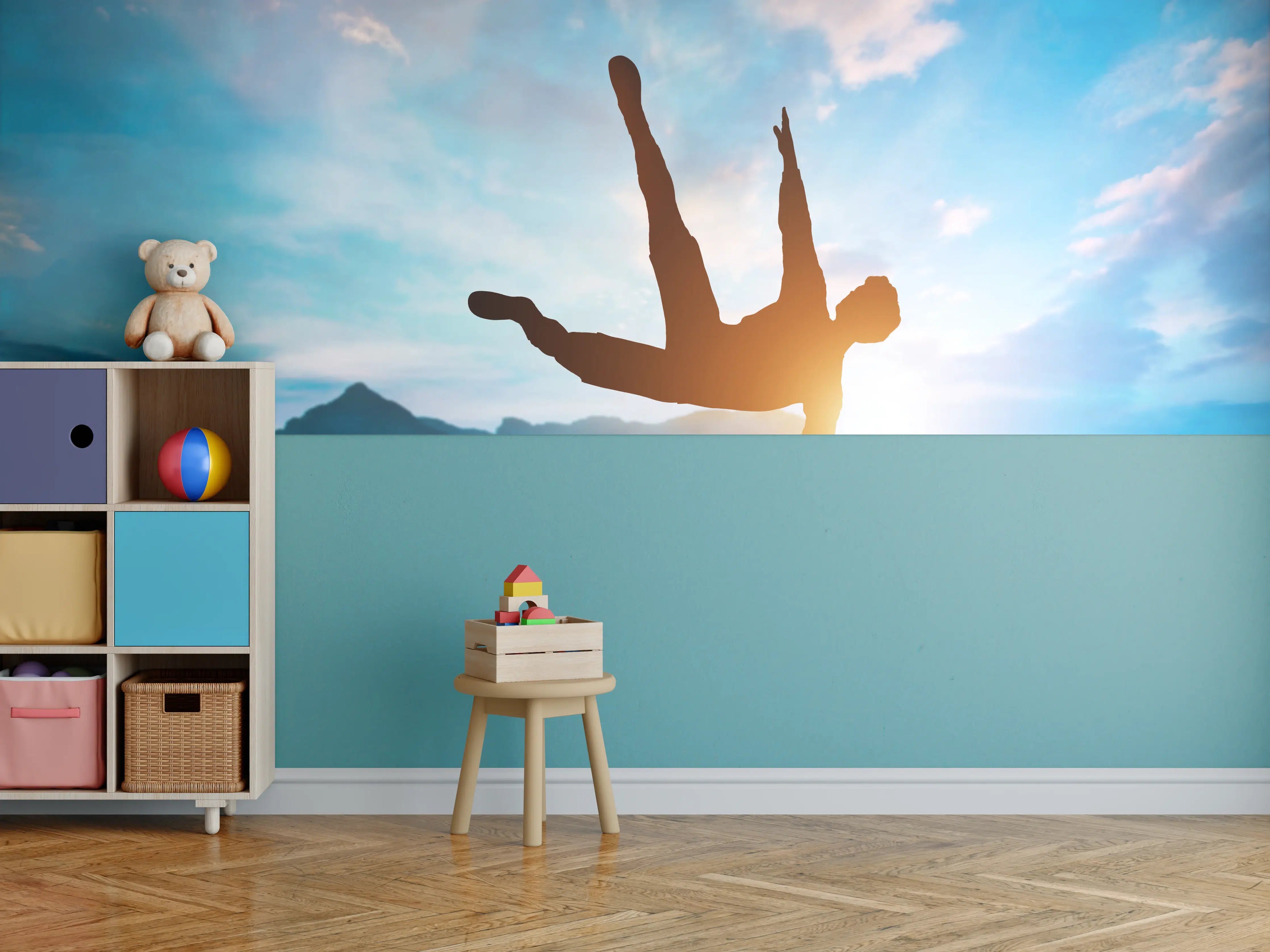 Kinderzimmer Wandgestaltung - Parkour Aktion in den Bergen über Felsen.