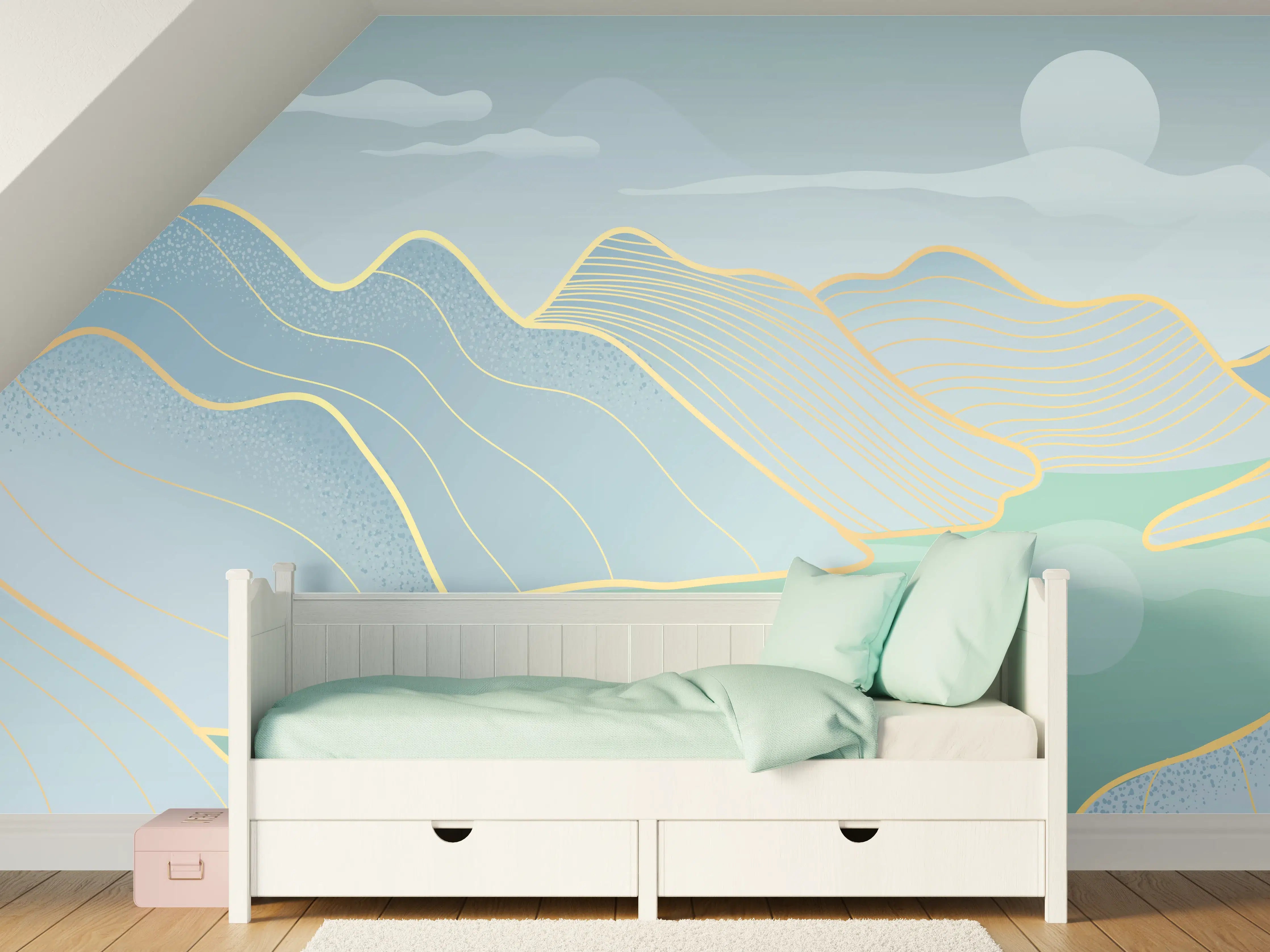 Kinderzimmer Wandgestaltung - Pastell Berge und See Panorama