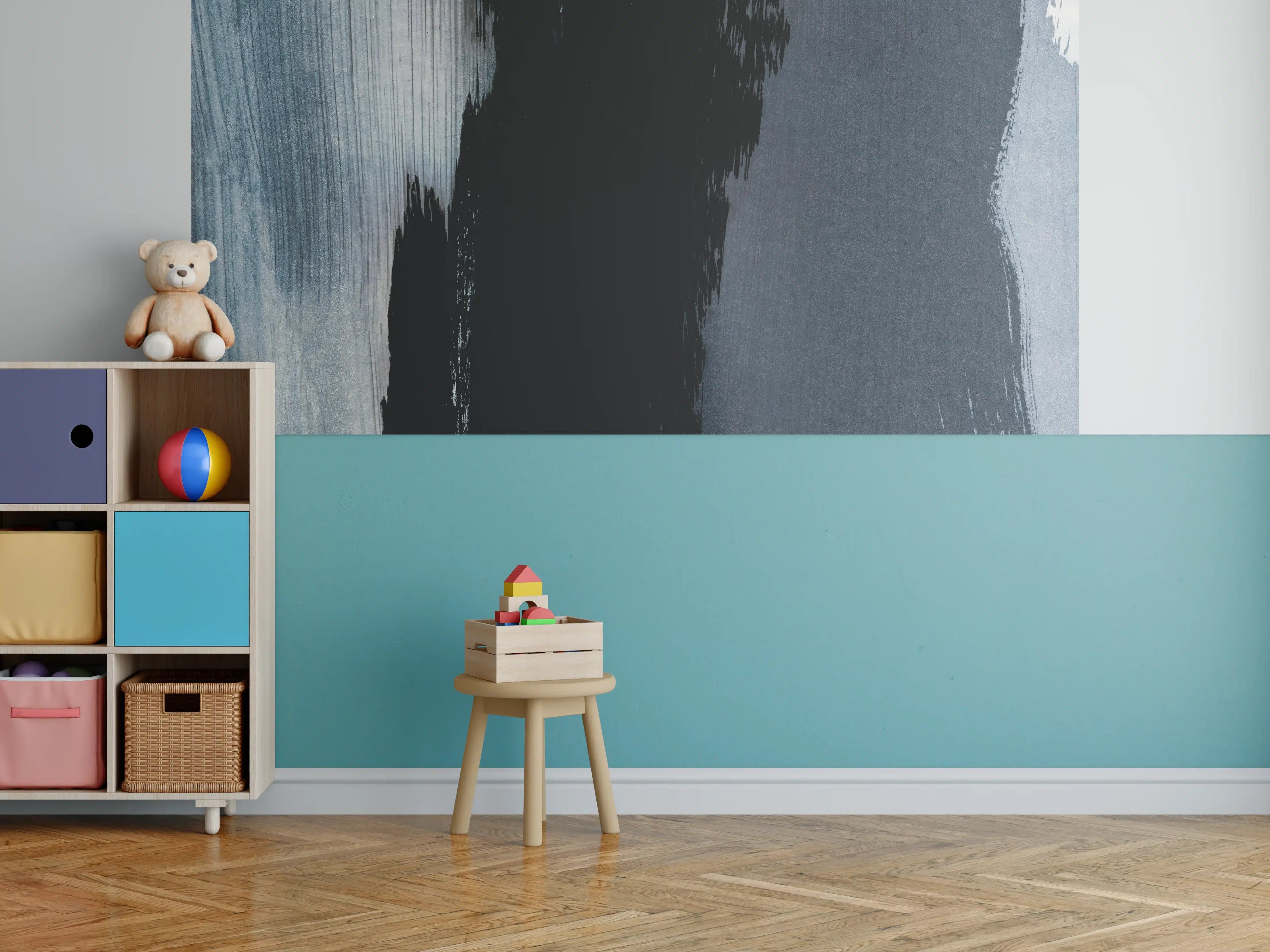 Kinderzimmer Wandgestaltung - Pastell-Blaugraue Abstraktion